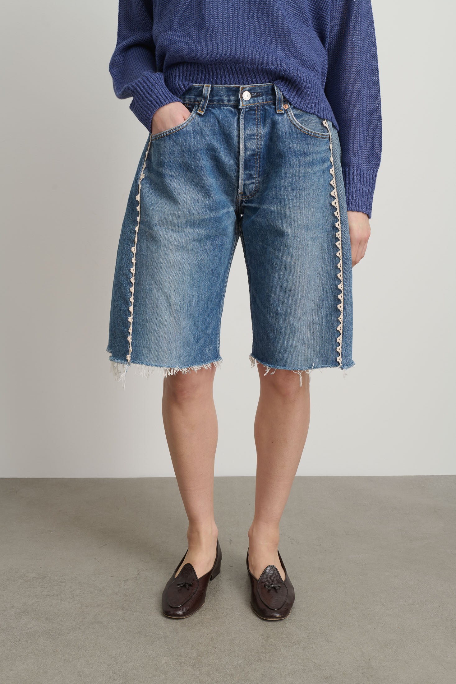 Vintage Lasso Jean Short Classic Faded Indigo Hand Tatted Lace