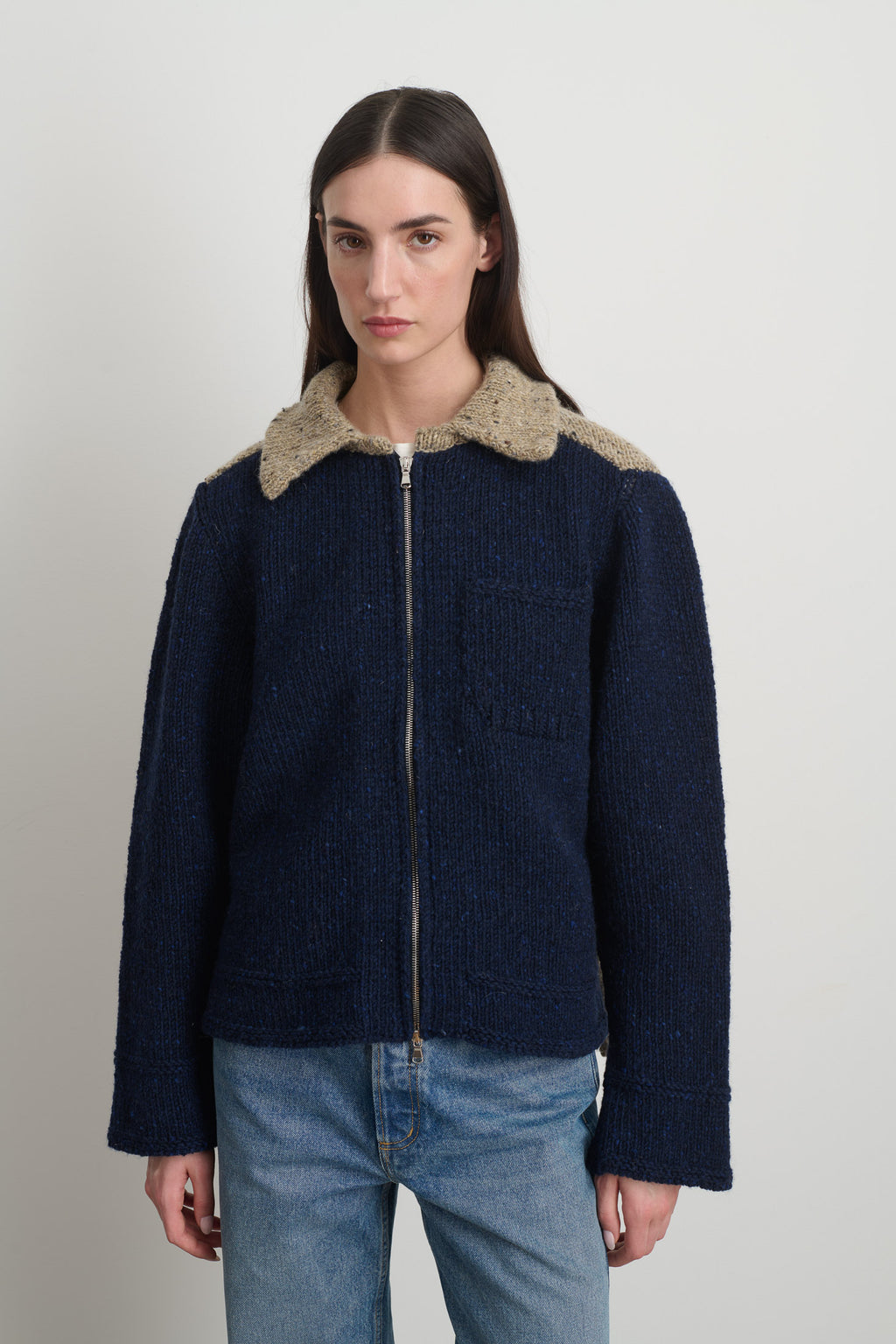 Zip Knit Jacket Marine Sand Donegal