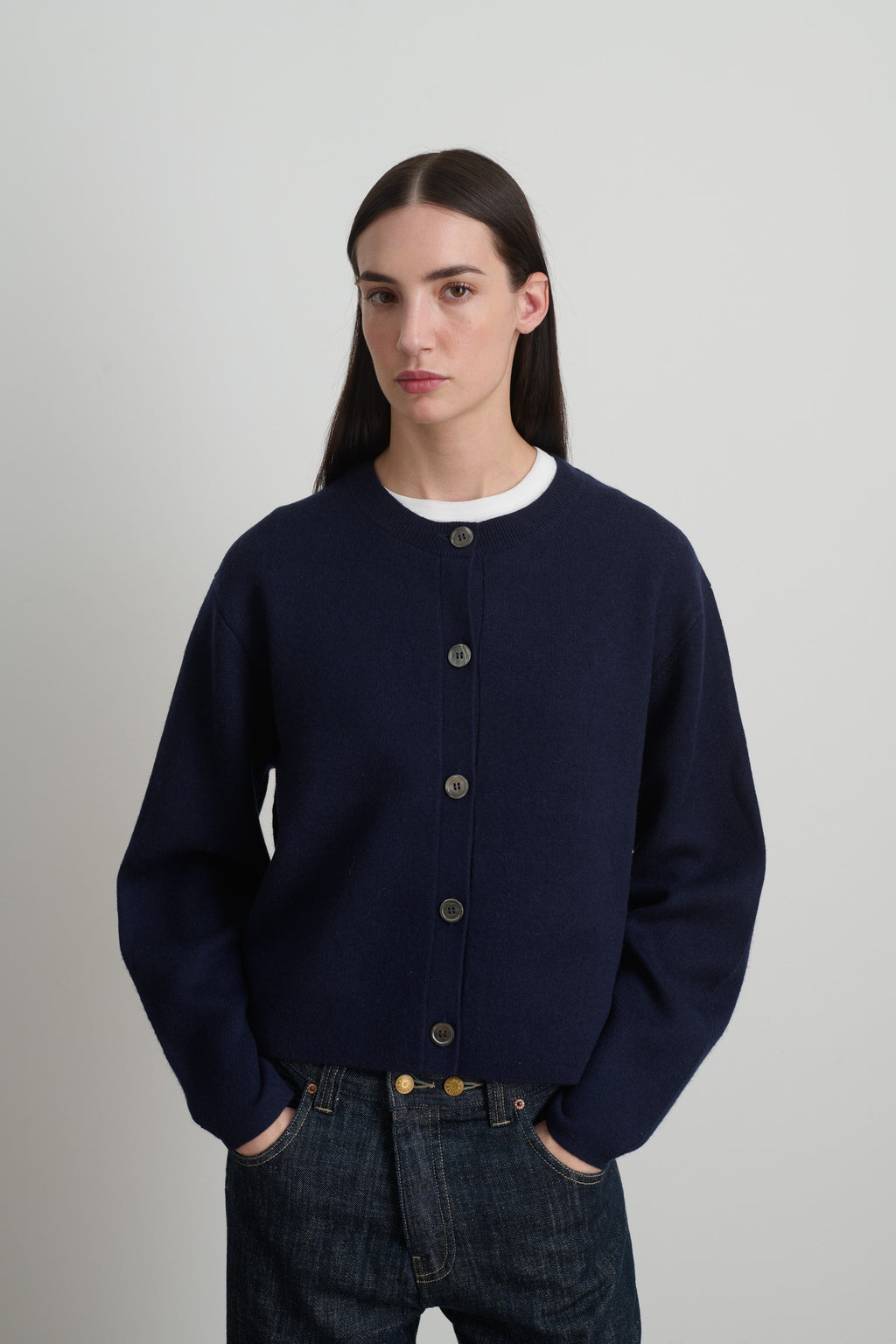 Classic Cardigan Marine Washed Cashmere