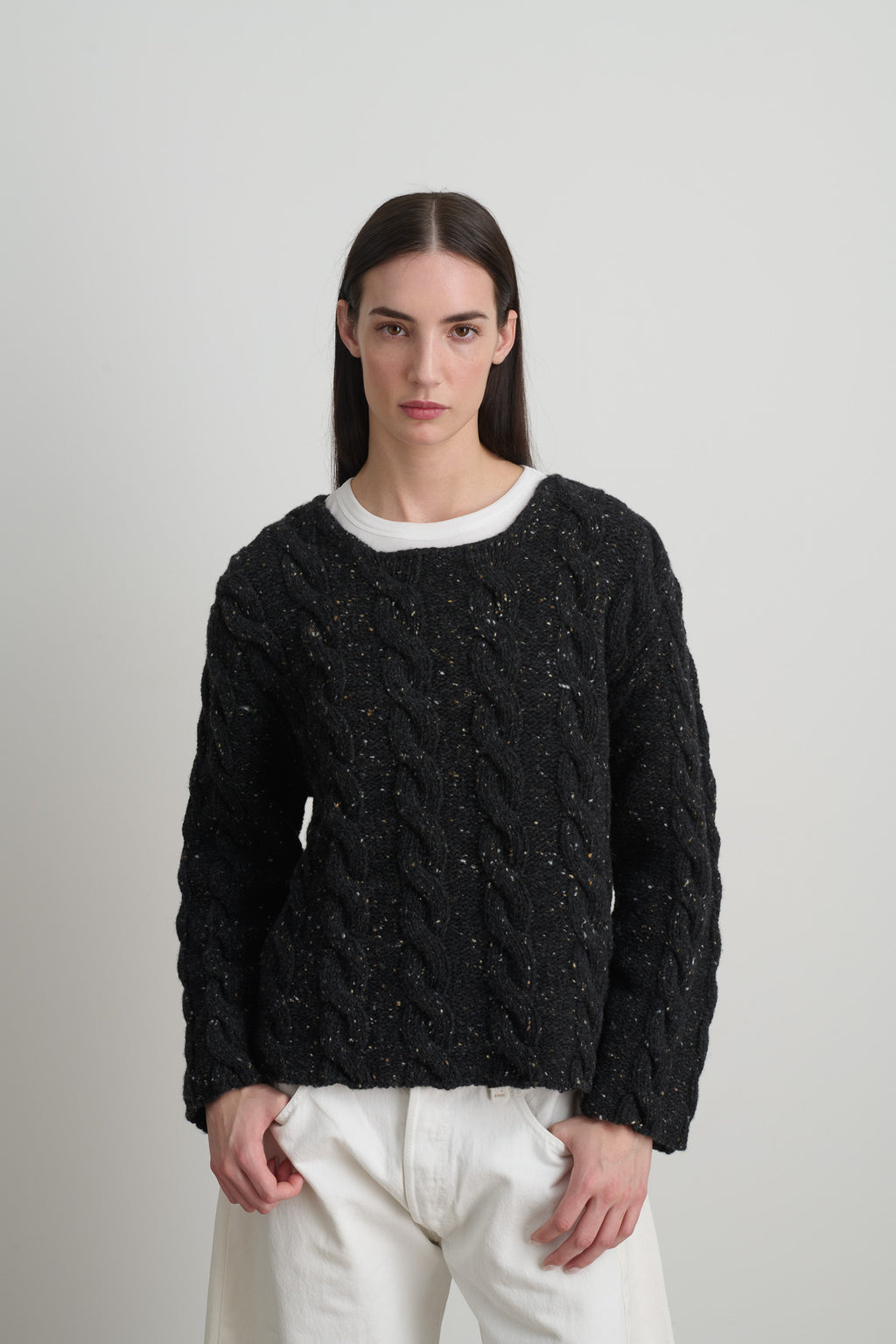Raw Cable Knit Melange Charcoal Donegal