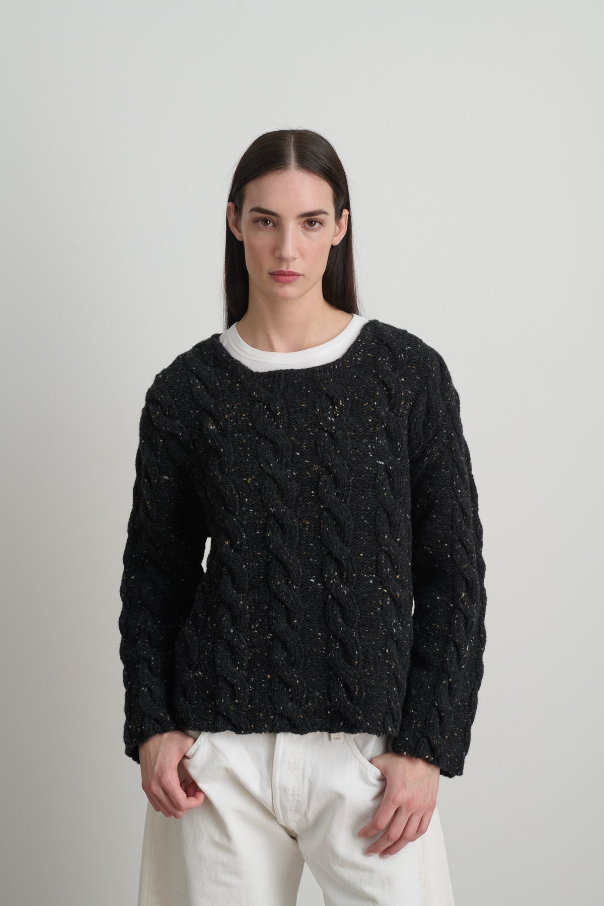 Raw Cable Knit Melange Charcoal Donegal