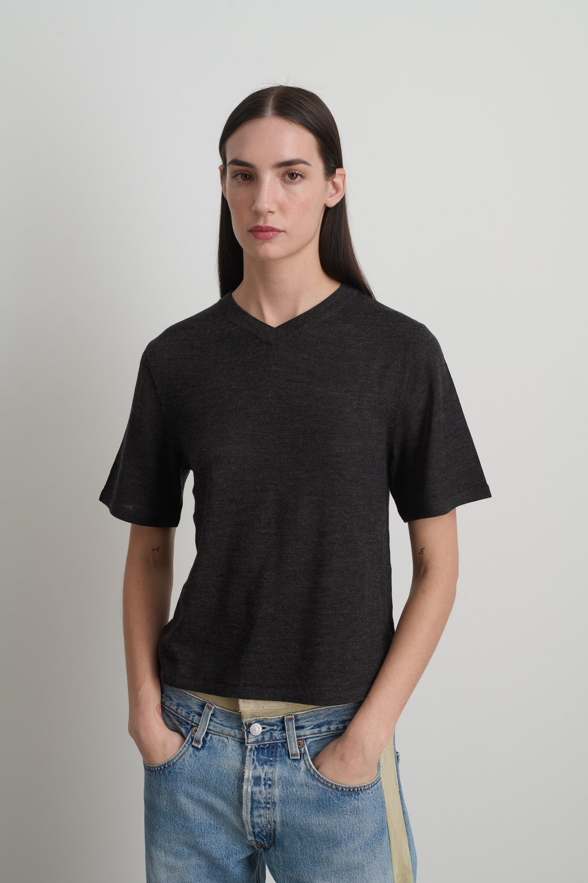 Short Sleeve V Neck Charcoal
