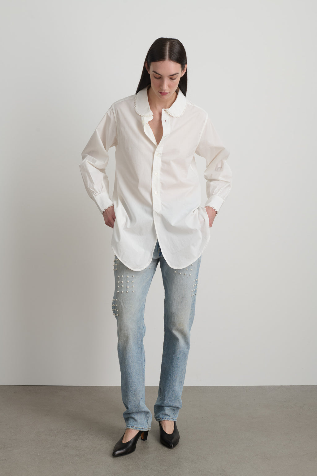 Louisa Shirt White Poplin w/ Tatted Lace