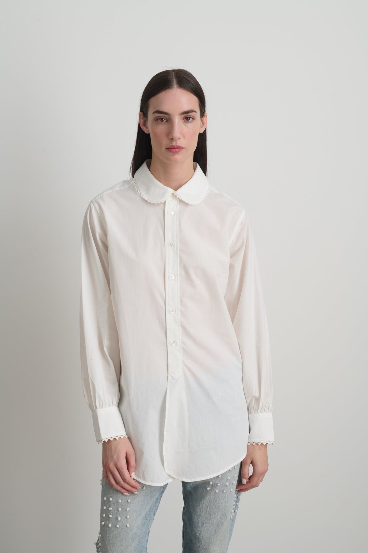 Louisa Shirt White Poplin w/ Tatted Lace