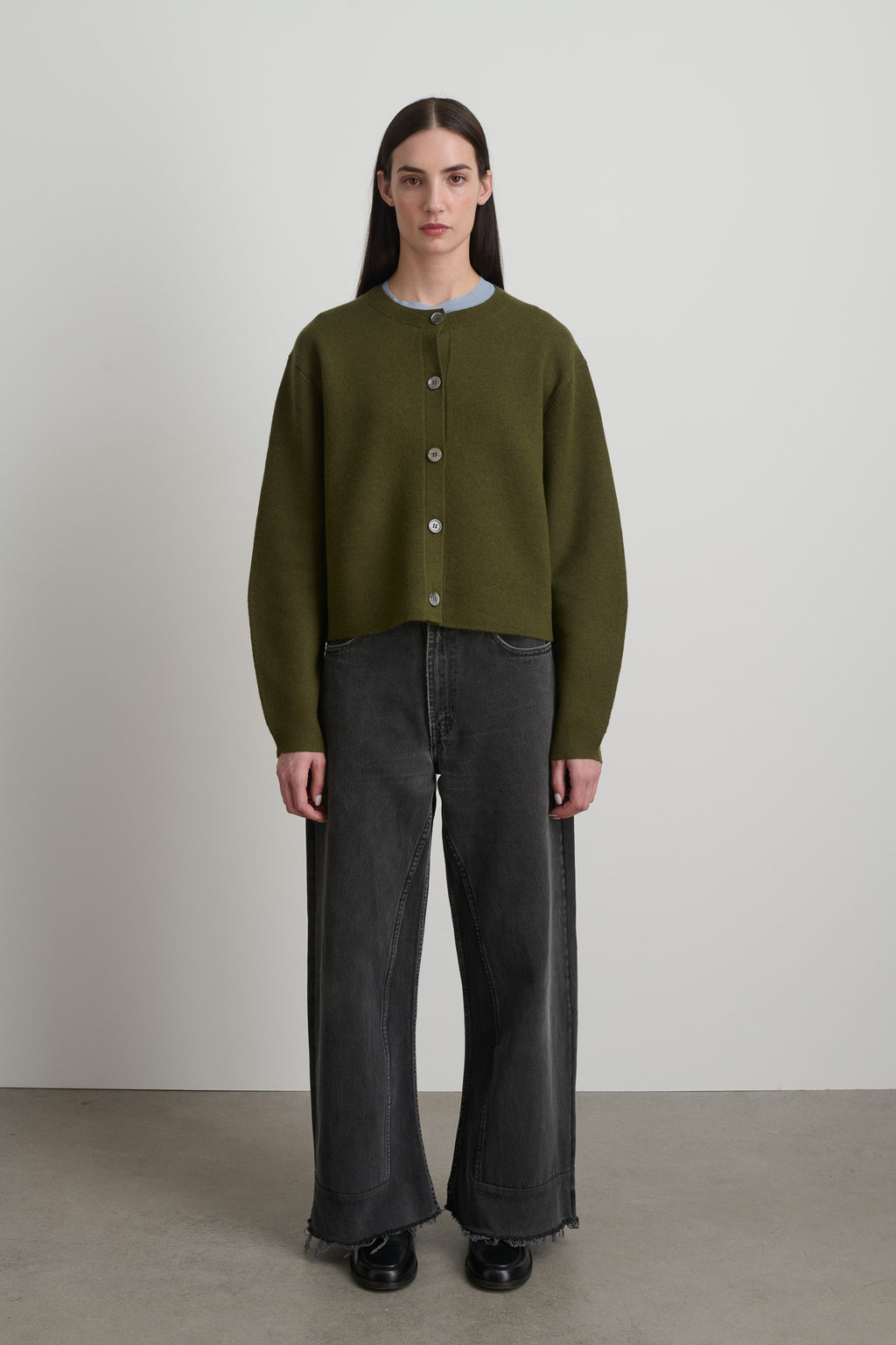 Classic Cardigan Olive Washed Cashmere