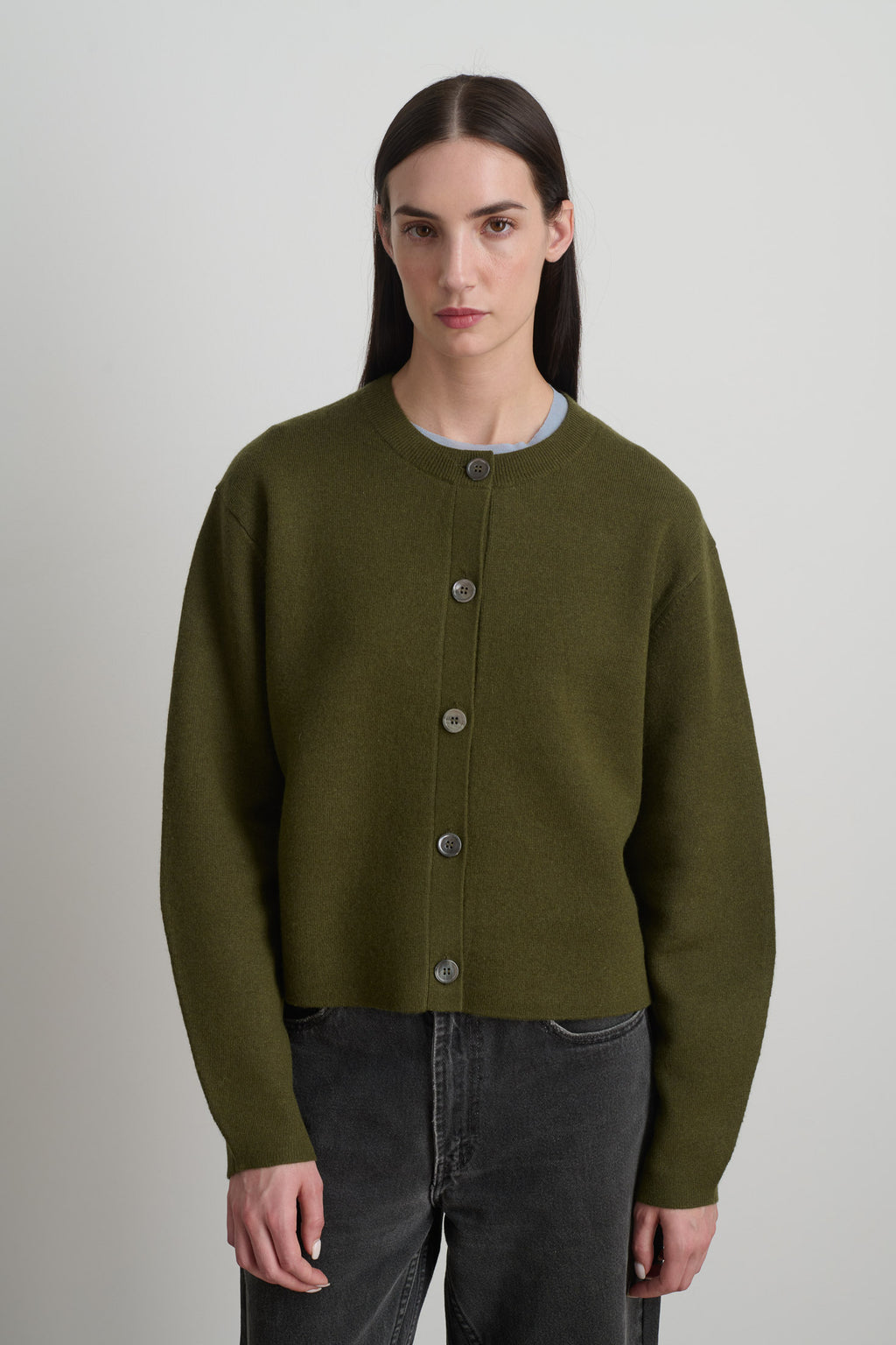 Classic Cardigan Olive Washed Cashmere