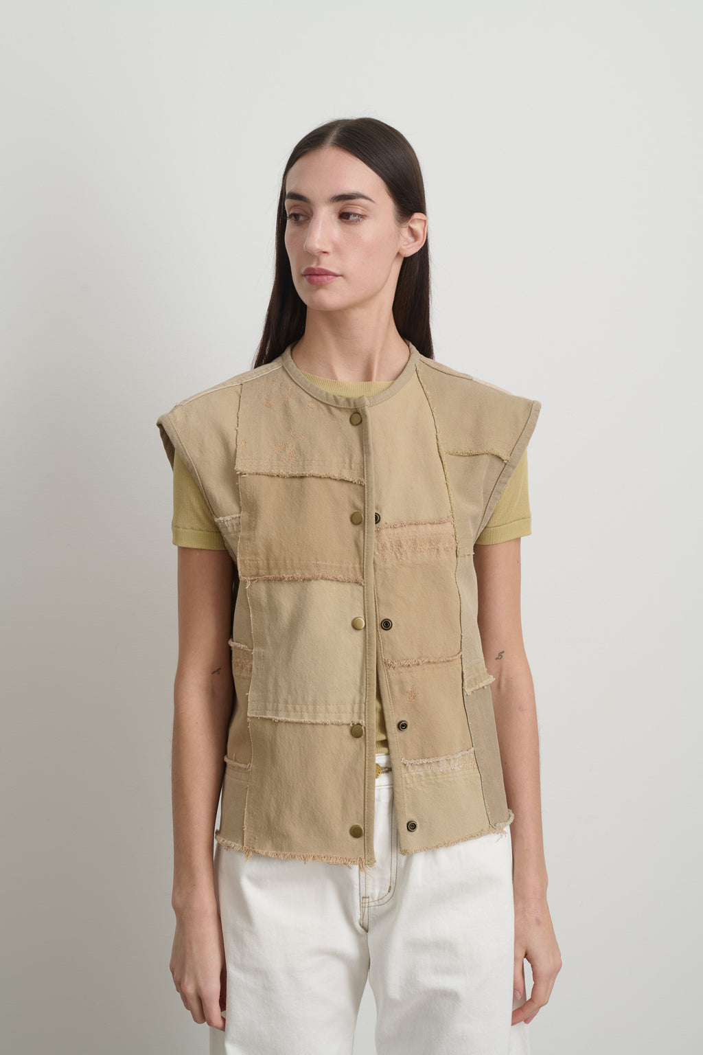 Rework Madras Vest Vintage Khaki