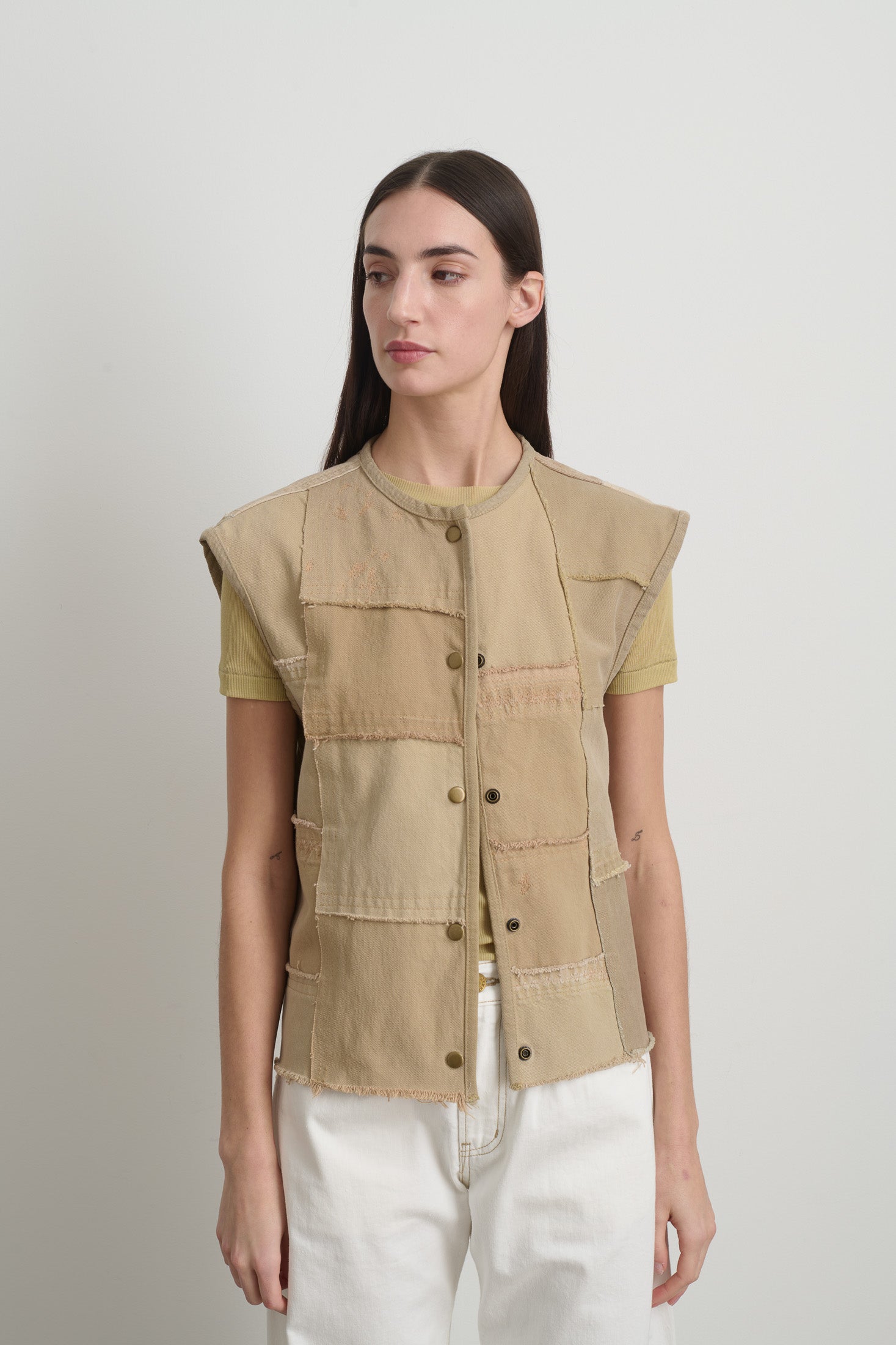 Rework Madras Vest Vintage Khaki