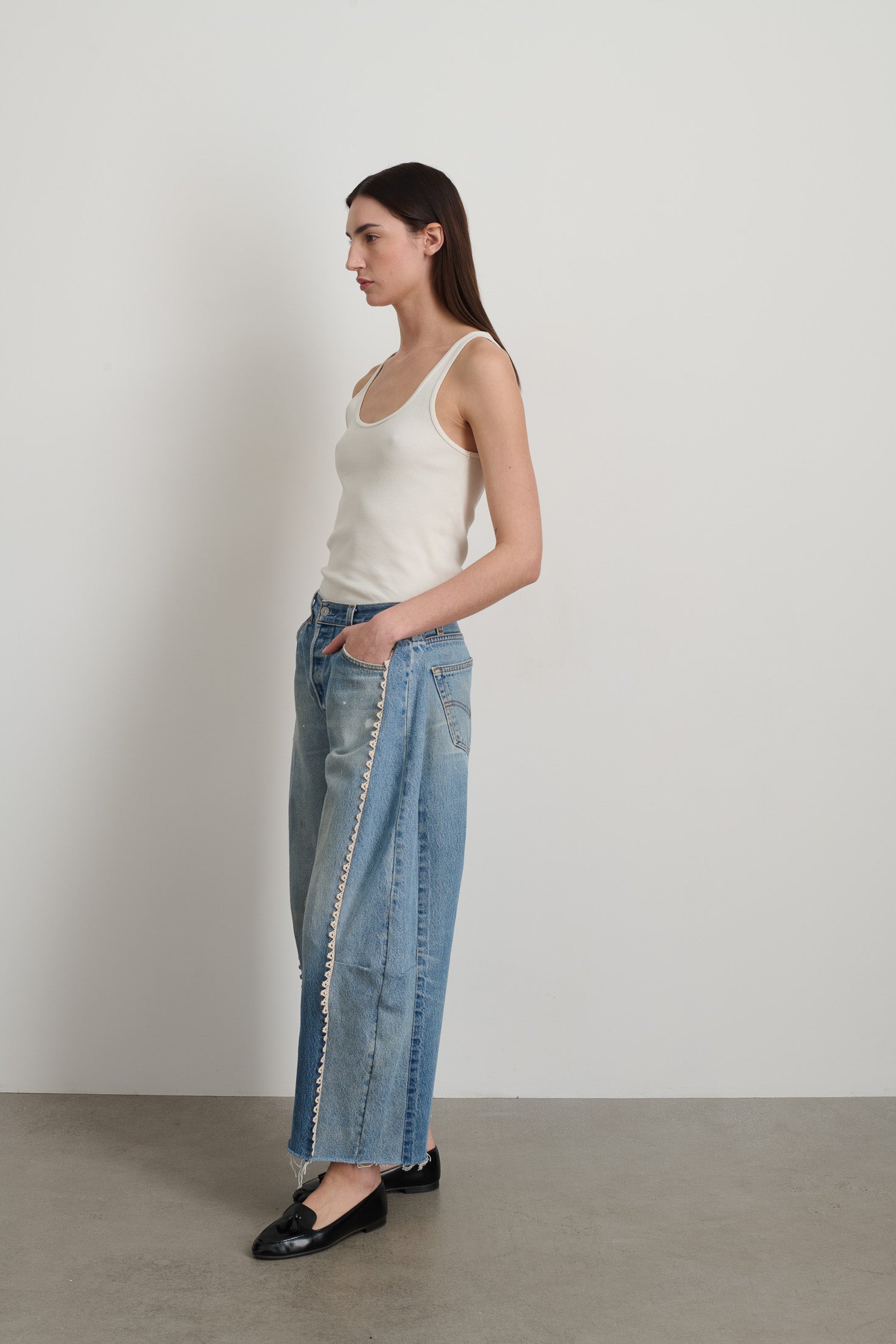 Vintage Lasso Jean Slouch Crop Classic Faded Indigo Hand Tatted Lace