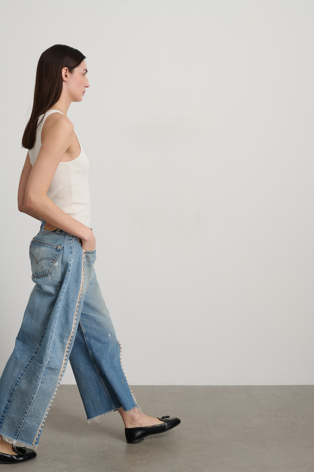 Vintage Lasso Jean Slouch Crop Classic Faded Indigo Hand Tatted Lace