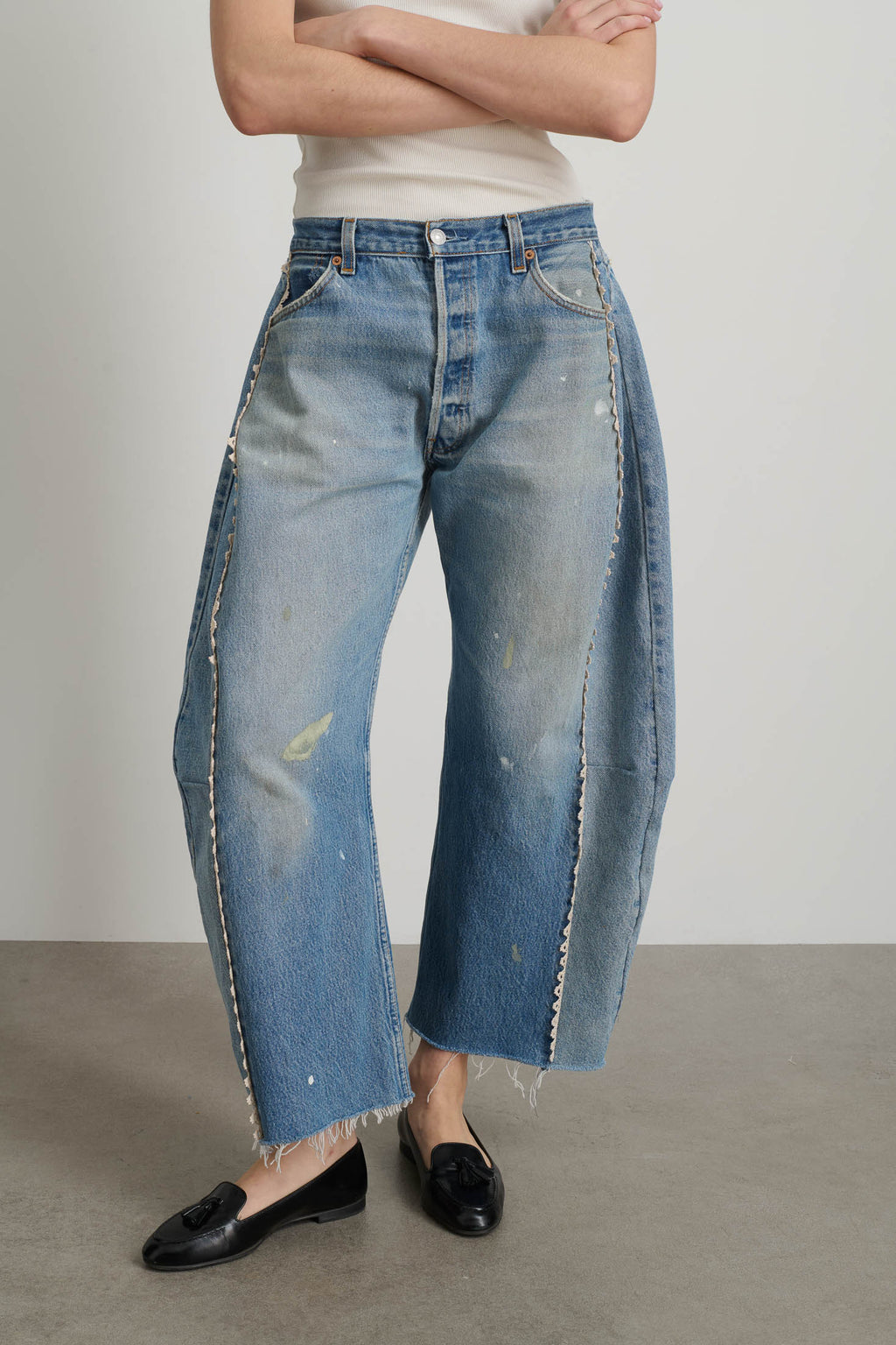 Vintage Lasso Jean Slouch Crop Classic Faded Indigo Hand Tatted Lace