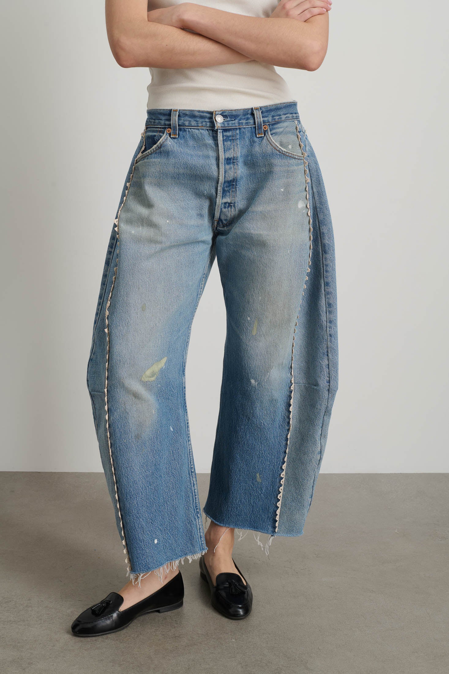 Vintage Lasso Jean Slouch Crop Classic Faded Indigo Hand Tatted Lace