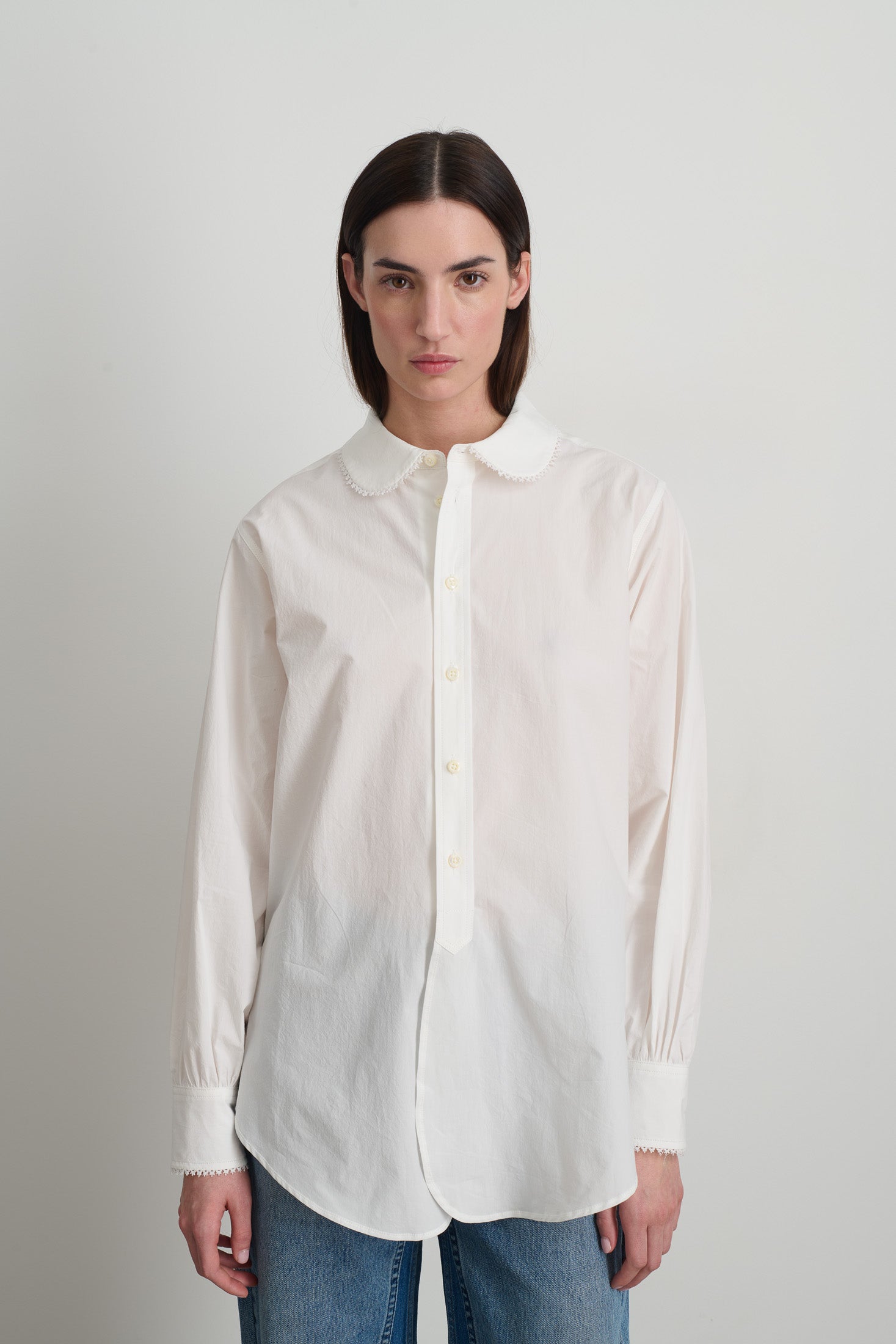 Louisa Shirt White Poplin w/ Tatted Lace