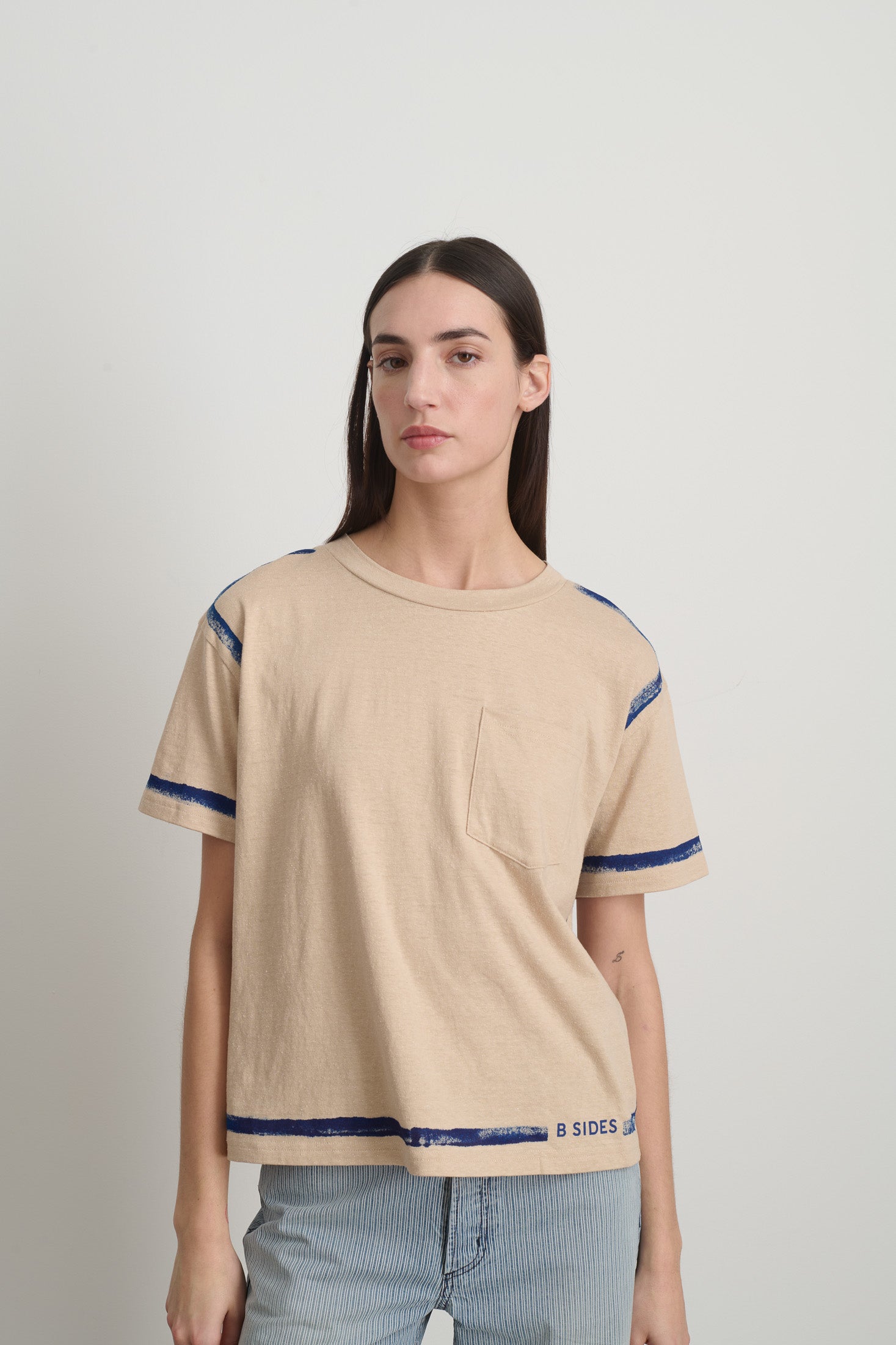B Sides Atlas Pocket Tee Peach/Blue Stripe - Women | B SIDES – B