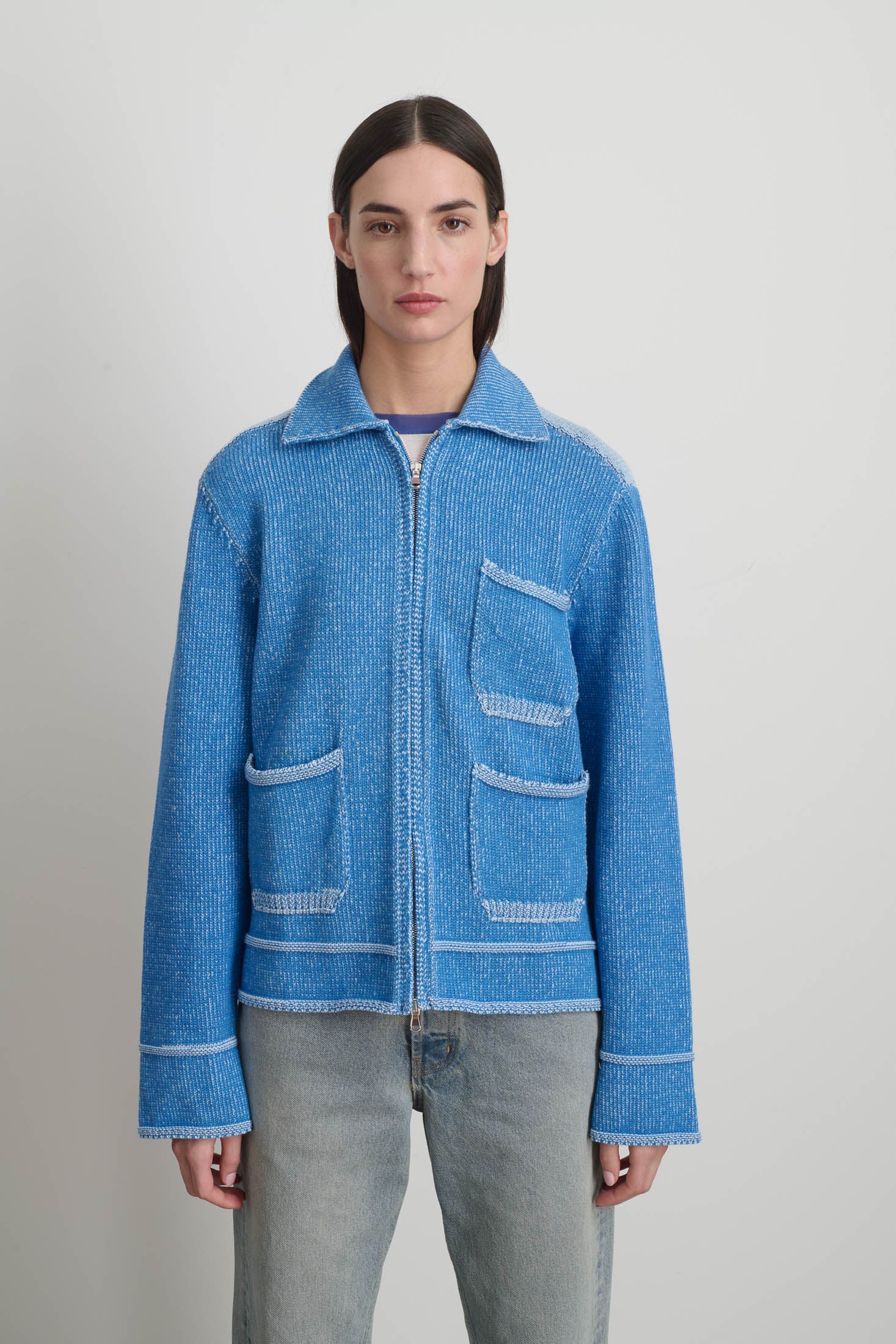 Hand Knit Sweater Jacket Blue/White