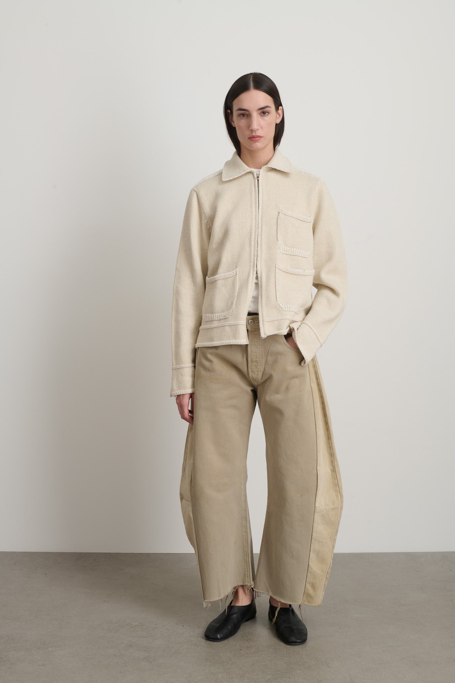 Hand Knit Sweater Jacket Oyster/White – B Sides Jeans