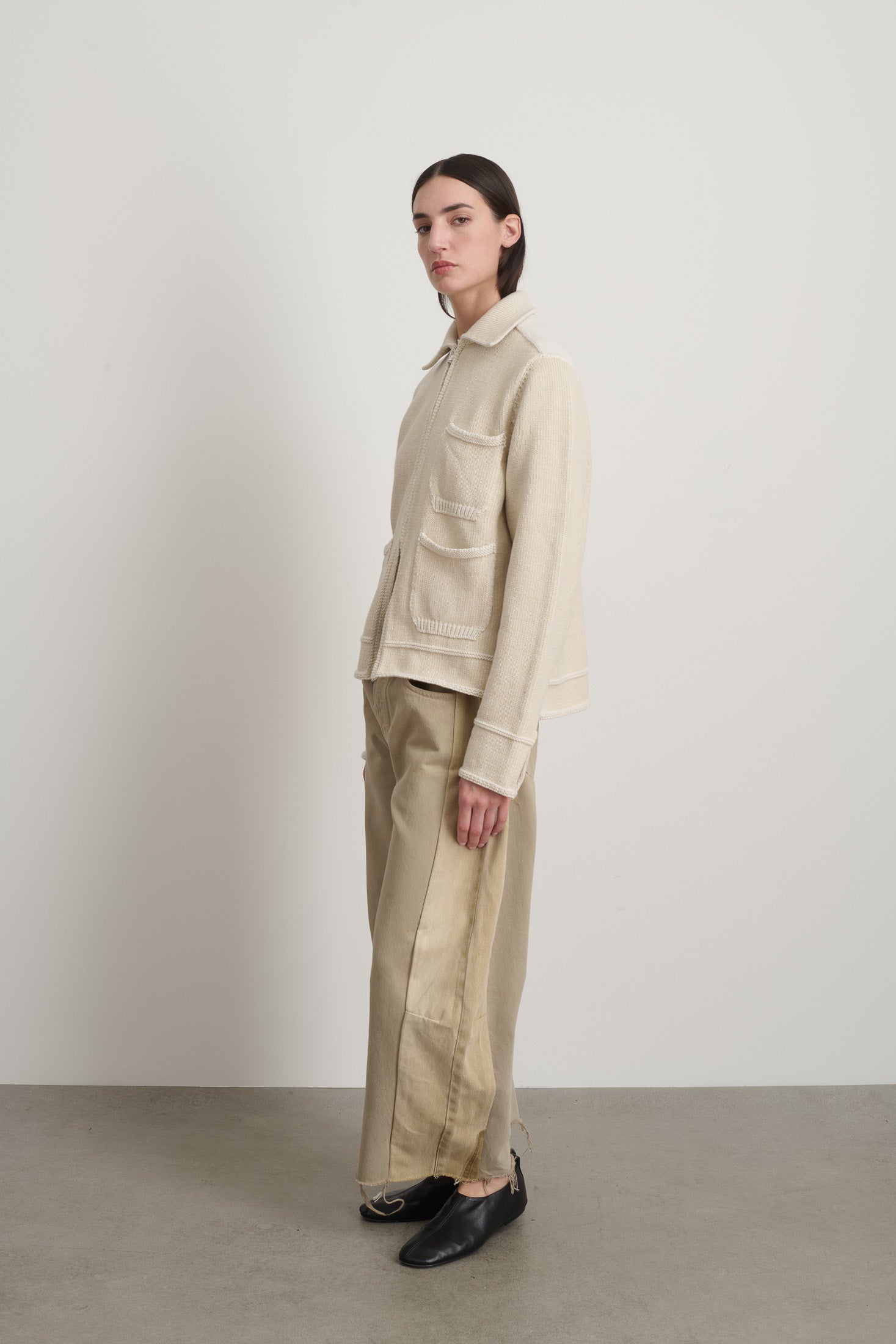 Hand Knit Sweater Jacket Oyster/White