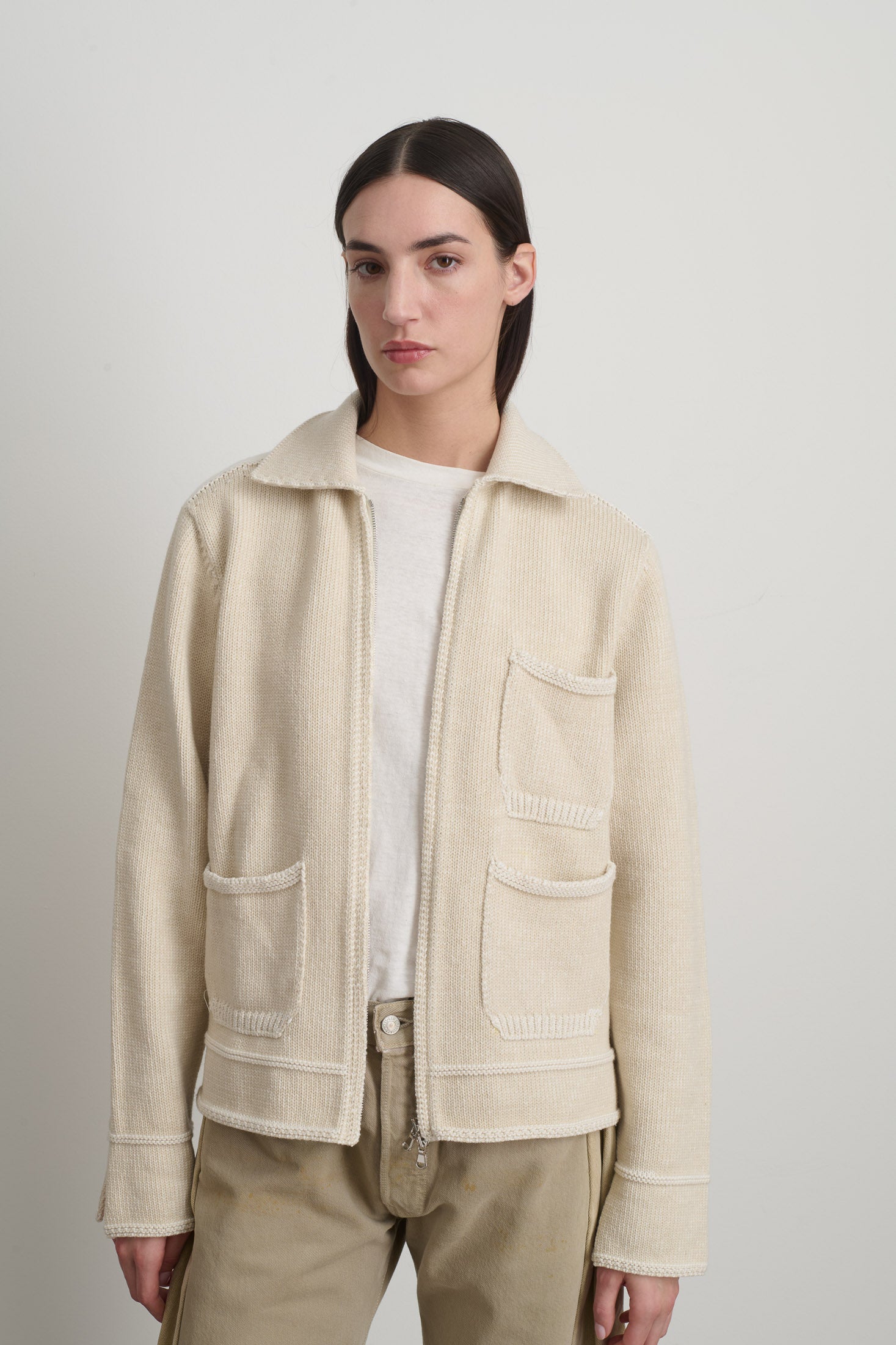 Hand Knit Sweater Jacket Oyster/White