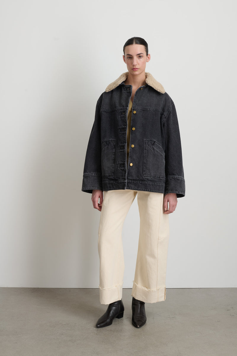 Stadium Jacket Stil Black / Oatmeal Sherpa Collar - Women Stadium Jacket Stil Black / Oatmeal Sherpa Collar - Women