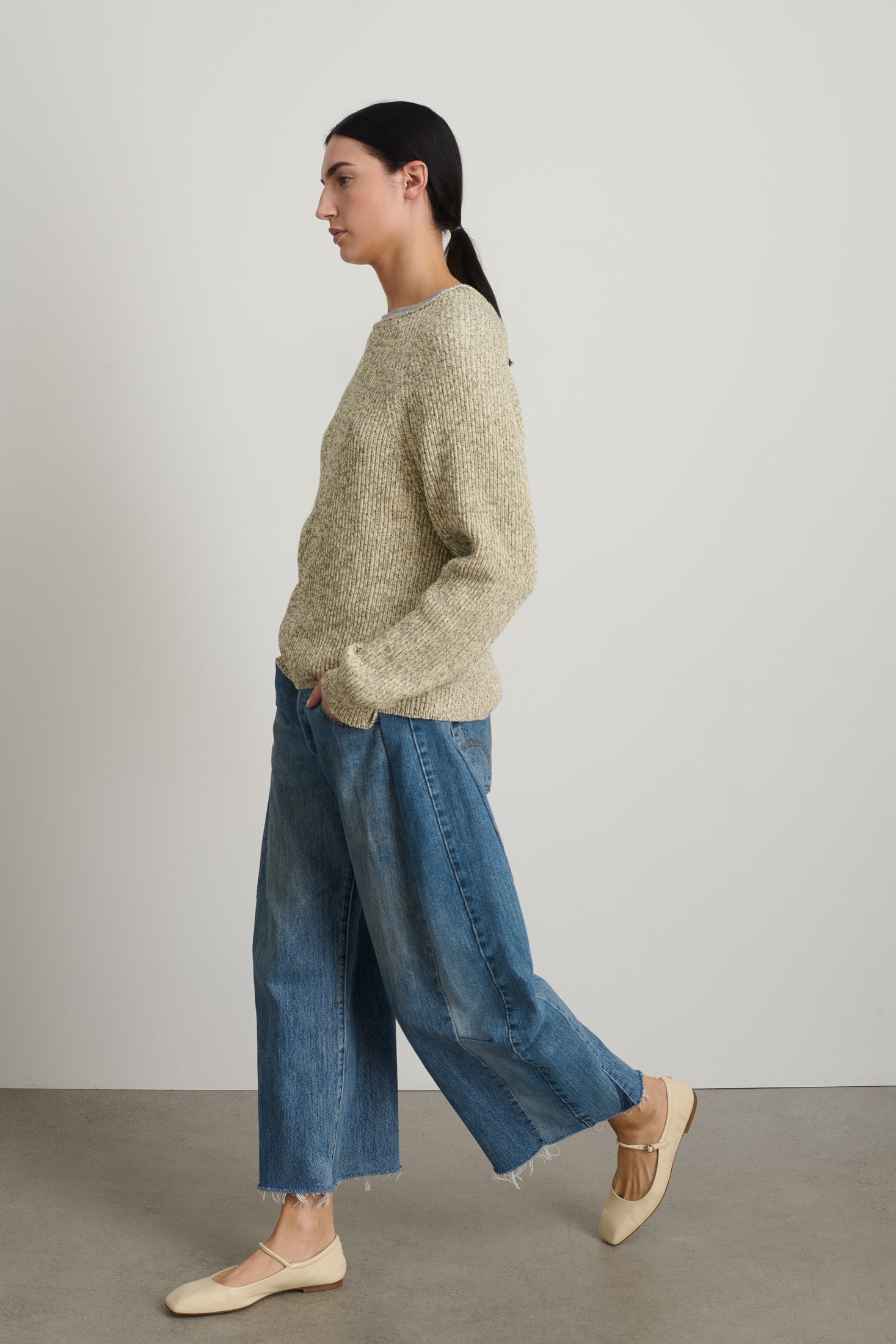 Roll Neck Shaker Stitch Pullover Ecru / Black