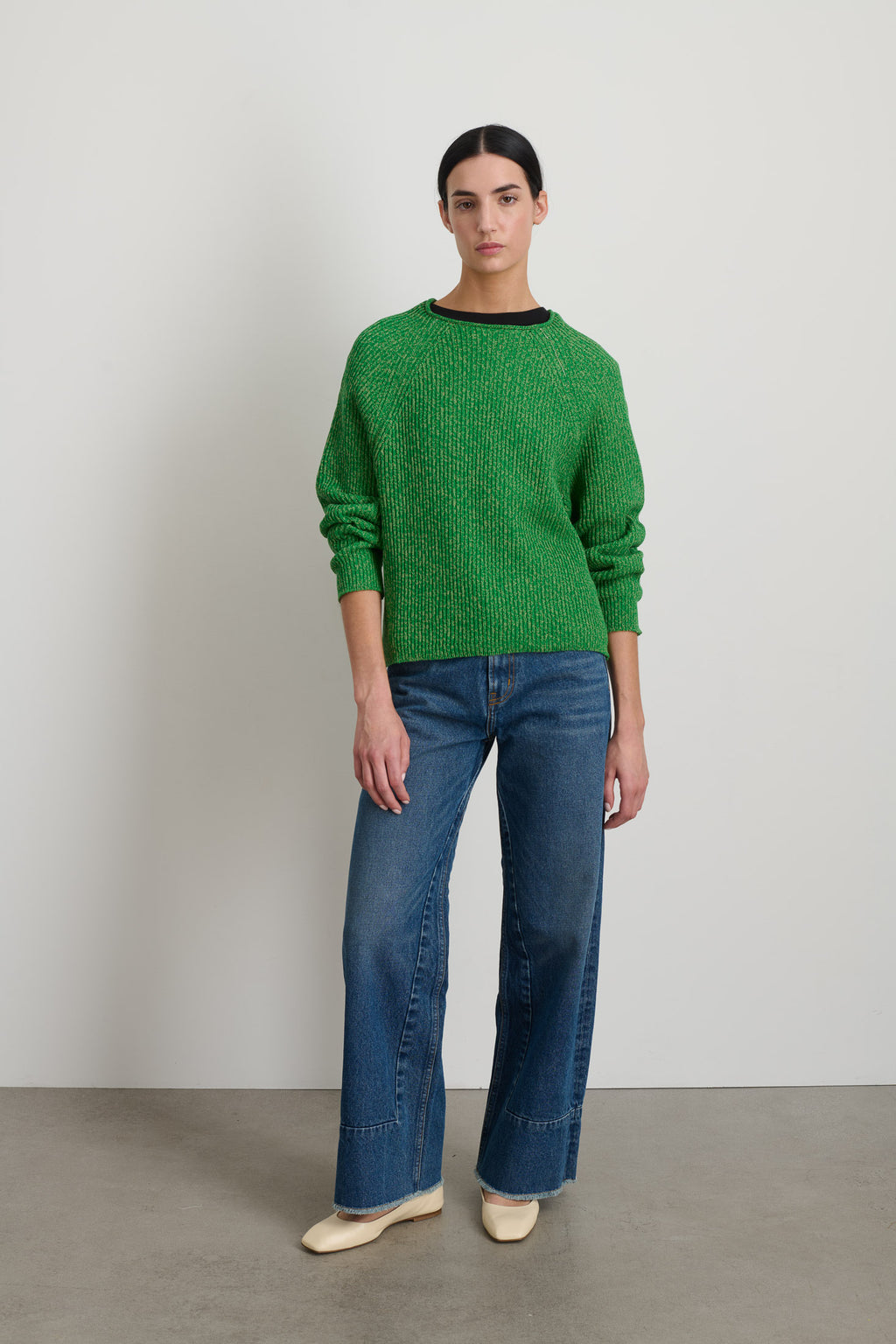 Roll Neck Shaker Stitch Pullover Green / Peach