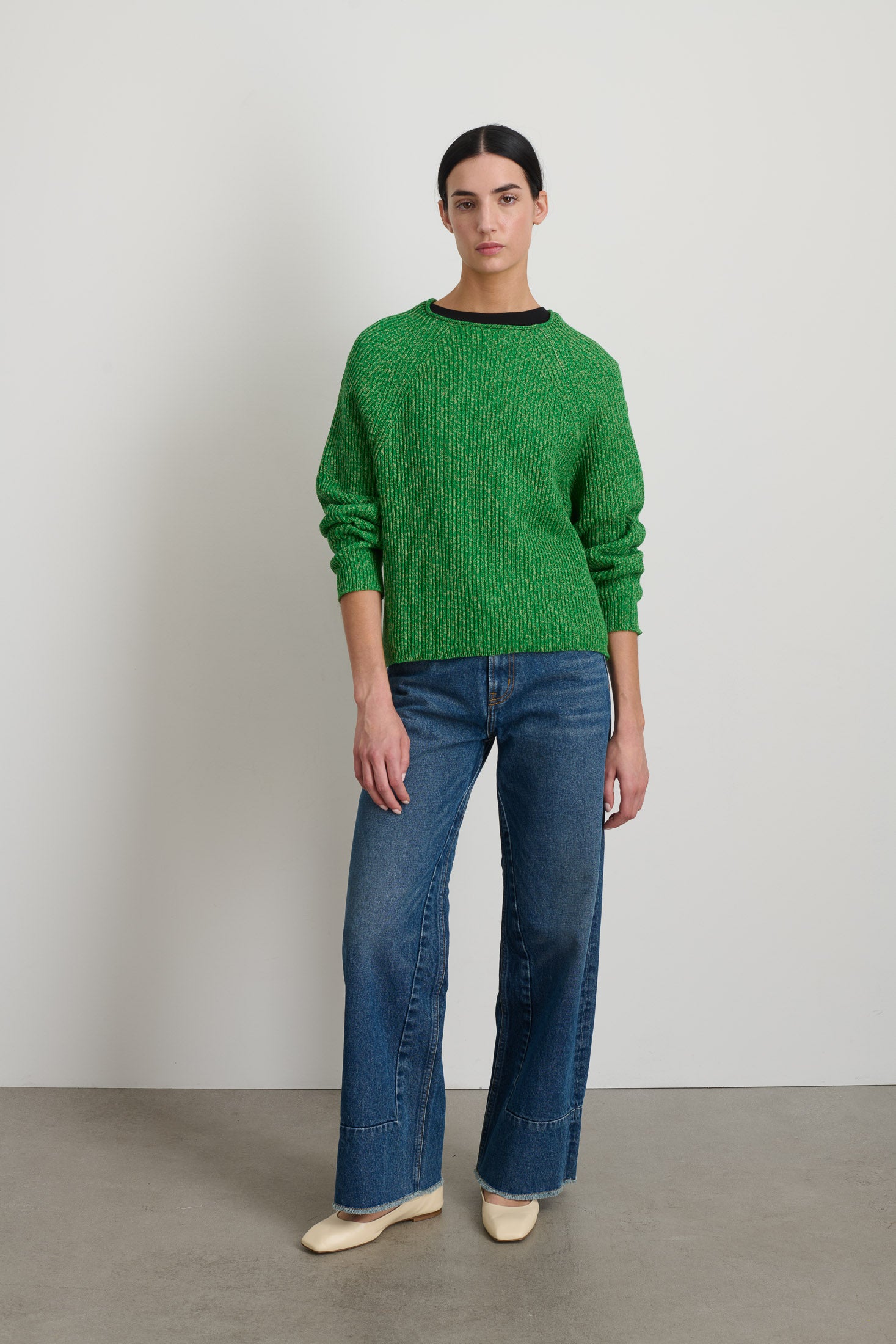 Roll Neck Shaker Stitch Pullover Green / Peach