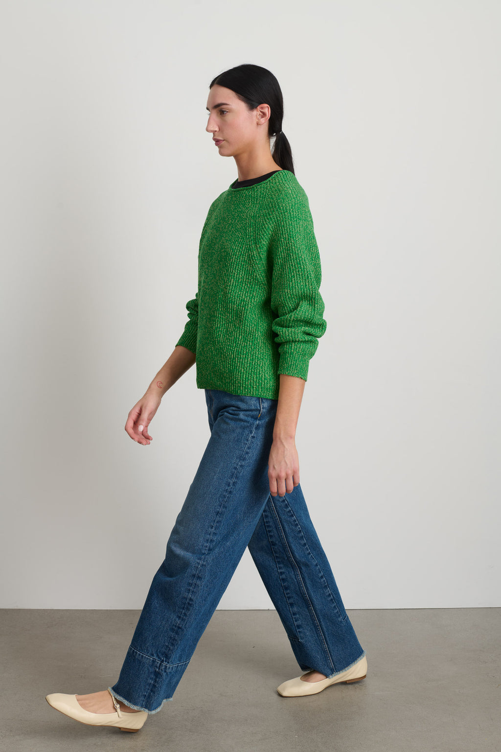 Roll Neck Shaker Stitch Pullover Green / Peach