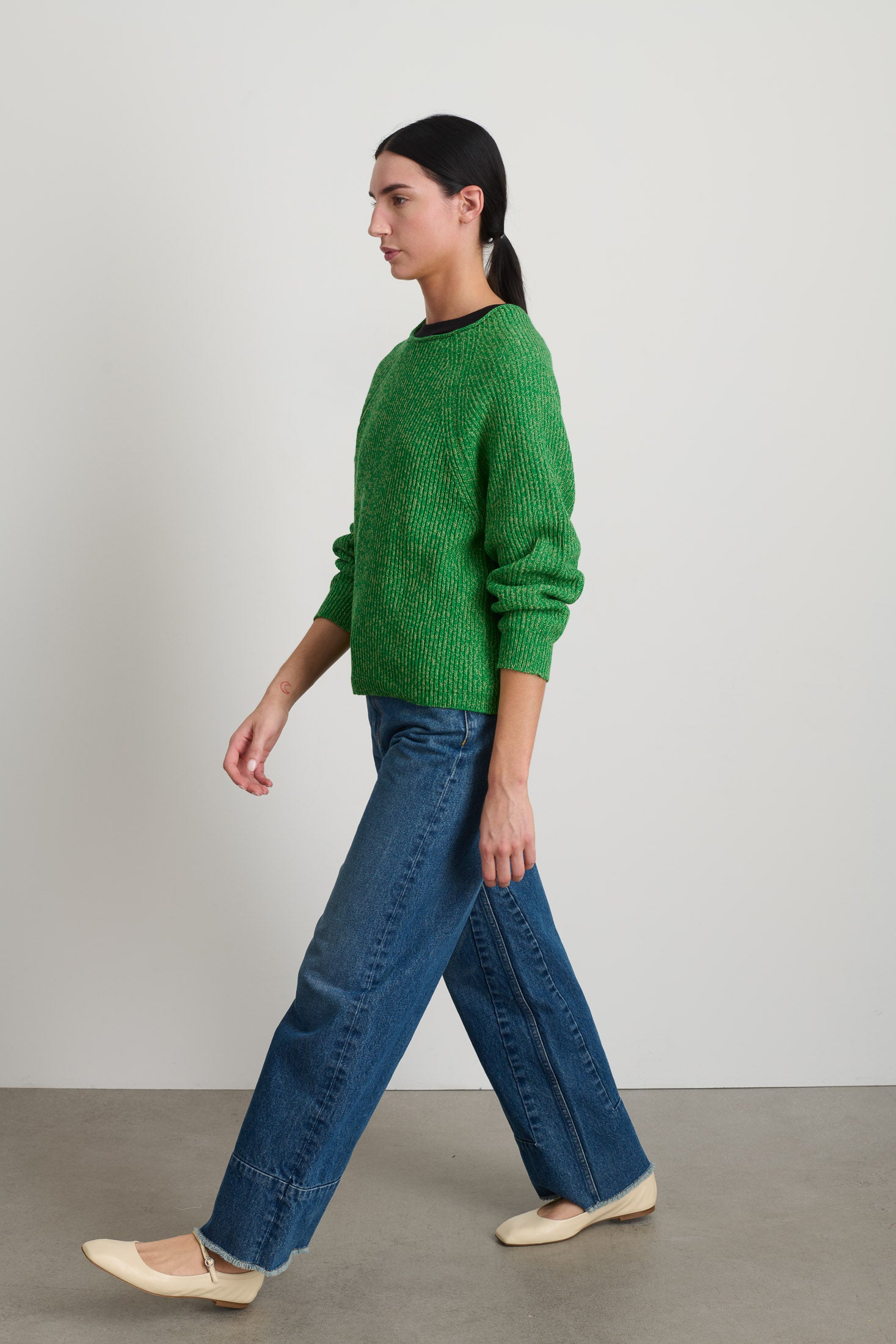 Roll Neck Shaker Stitch Pullover Green / Peach