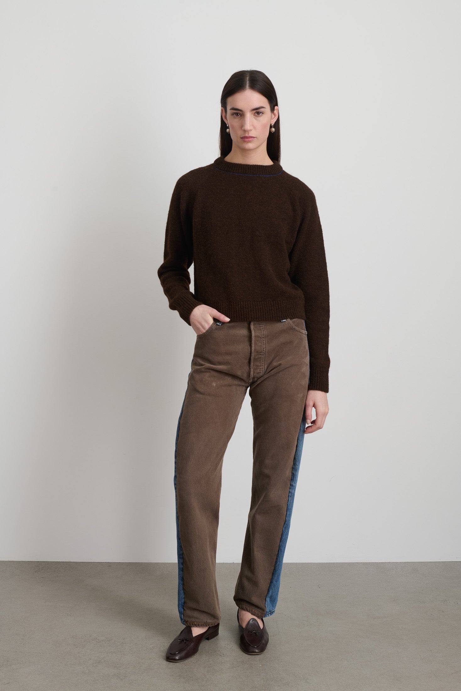 Mohair Sweatshirt Brown with Cobalt Embroidery