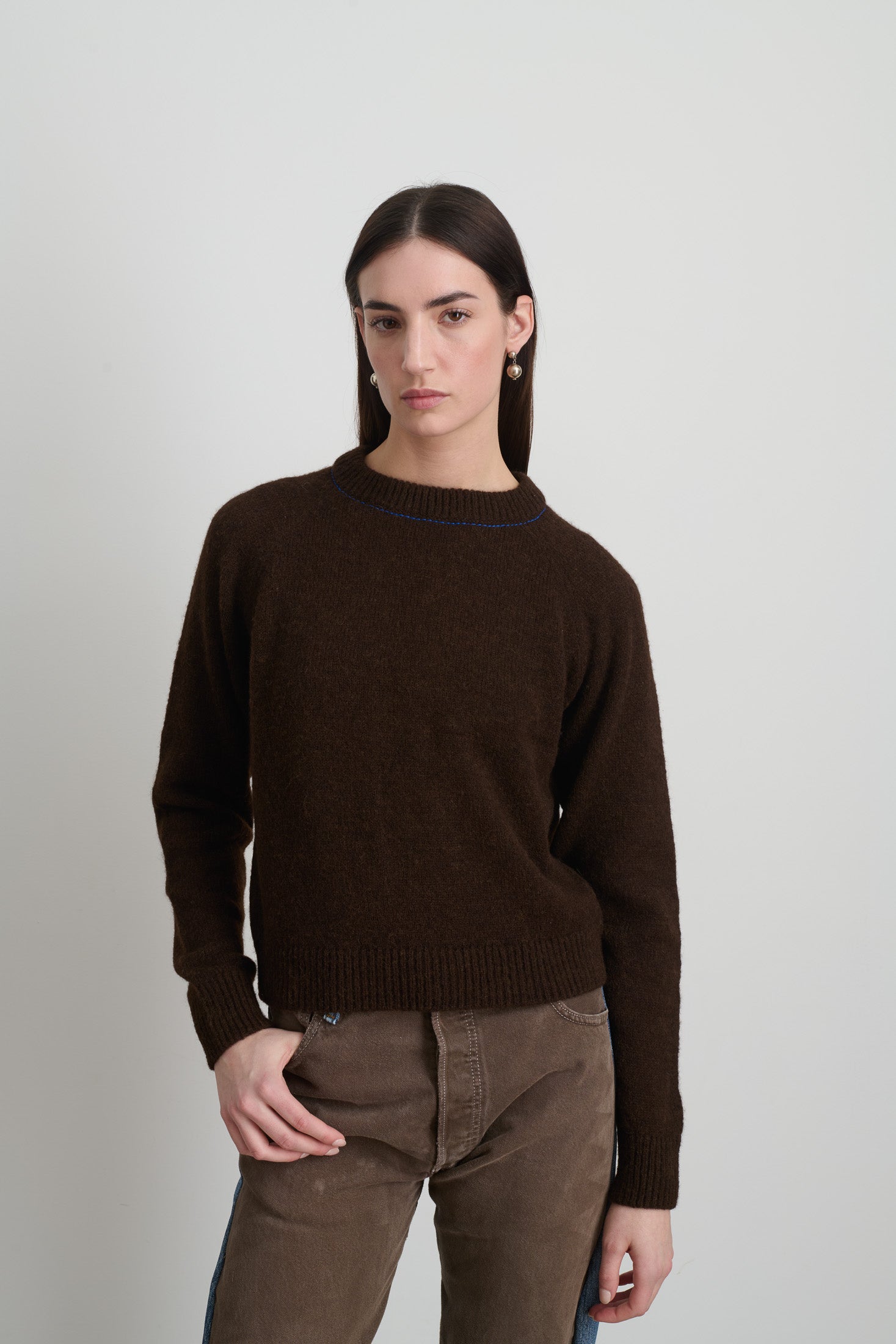 Mohair Sweatshirt Brown with Cobalt Embroidery