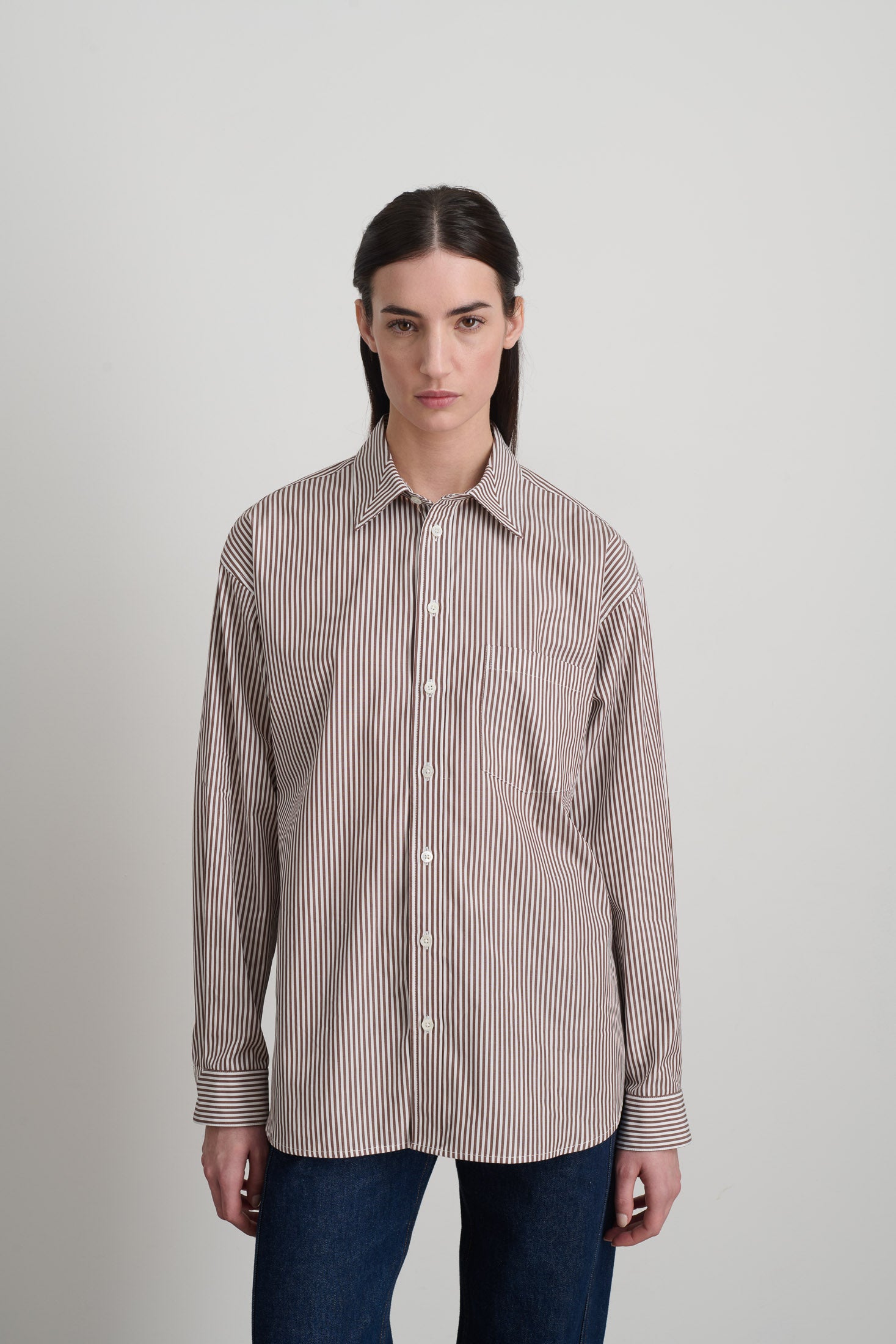 Nolan Shirt Brown and White Stripe - Women | B SIDES – B Sides Jeans