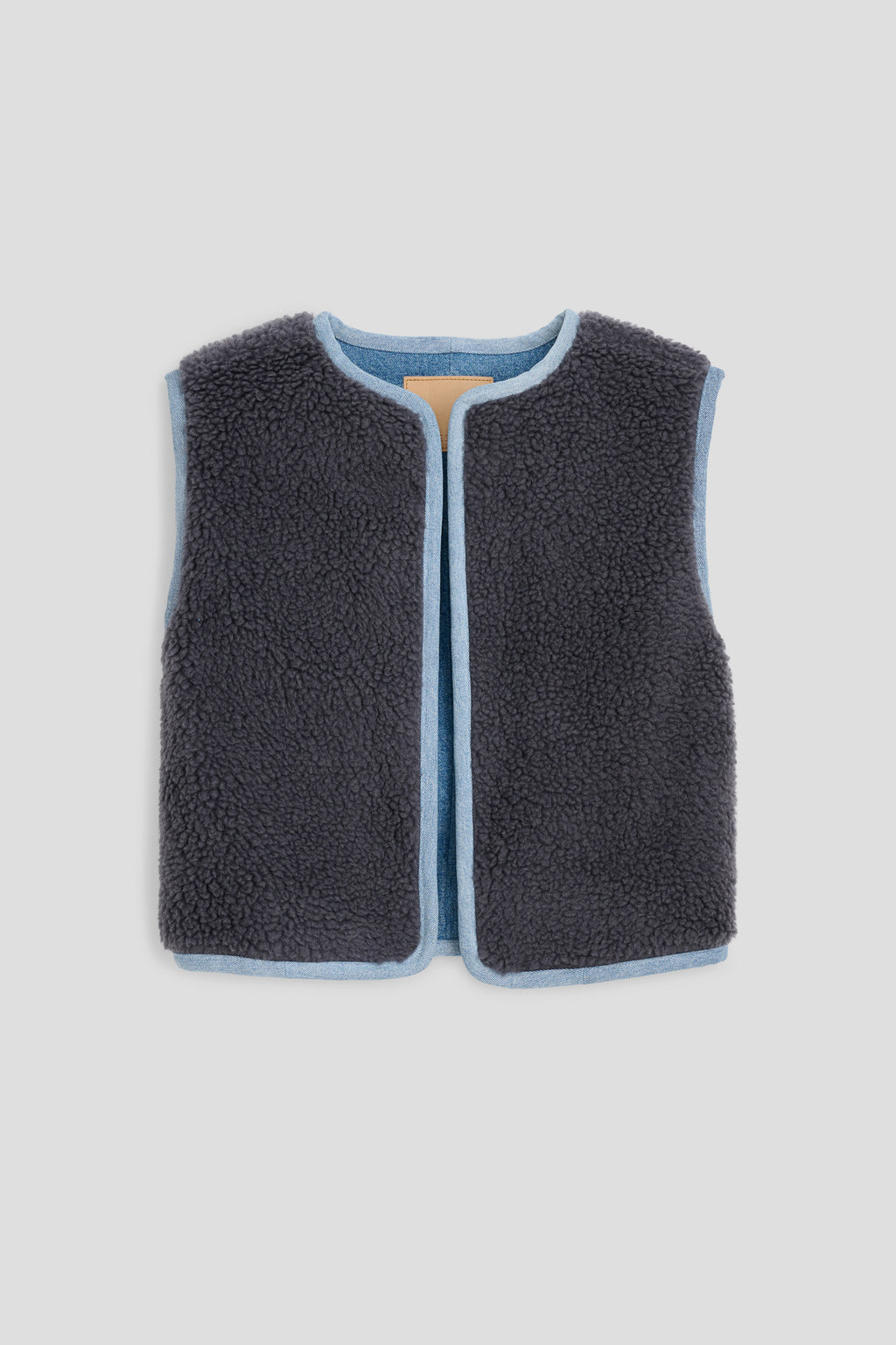 Reversible Reworked Vintage Denim and Sherpa Vest Grey Blue Sherpa