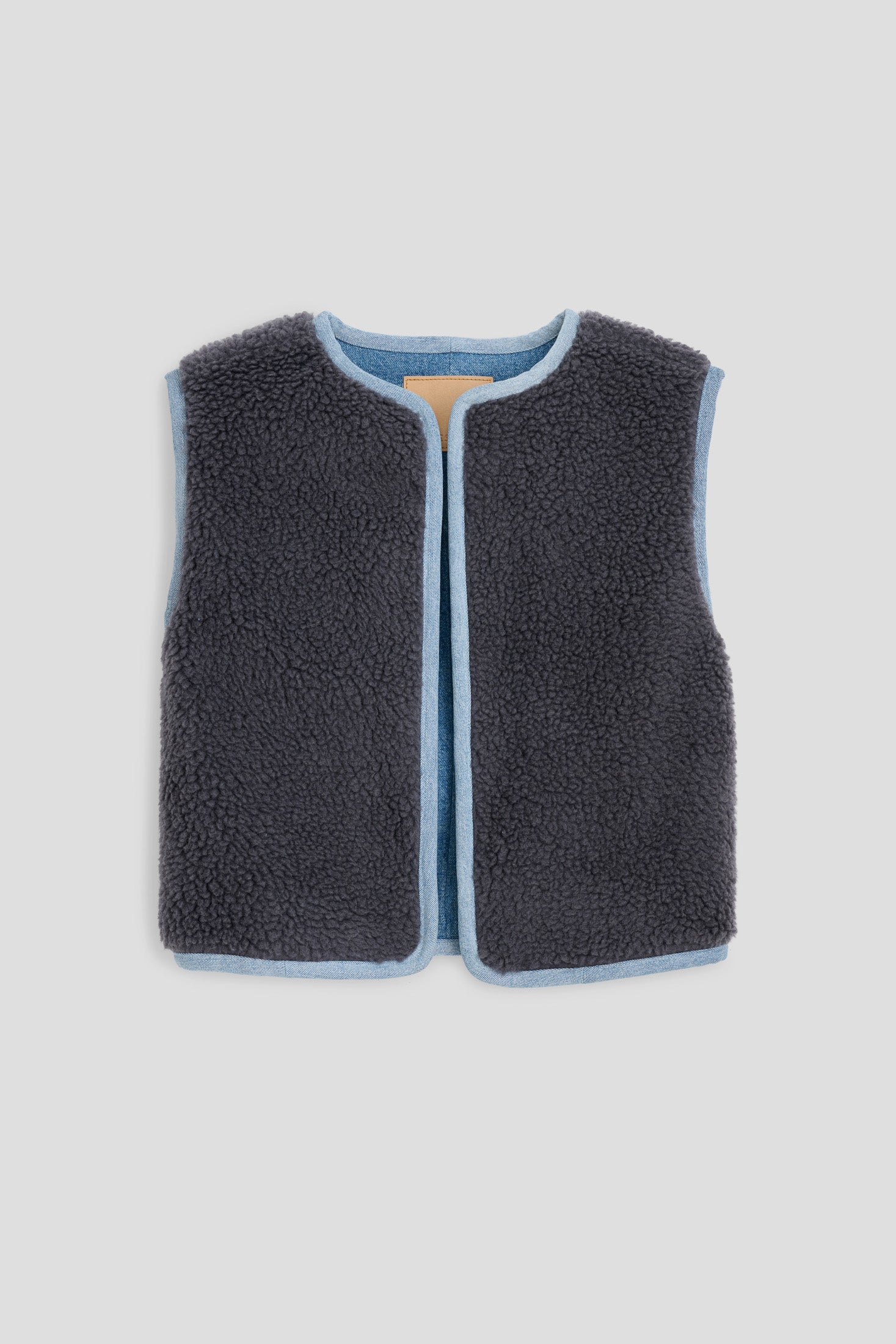 Reversible Reworked Vintage Denim and Sherpa Vest Grey Blue Sherpa
