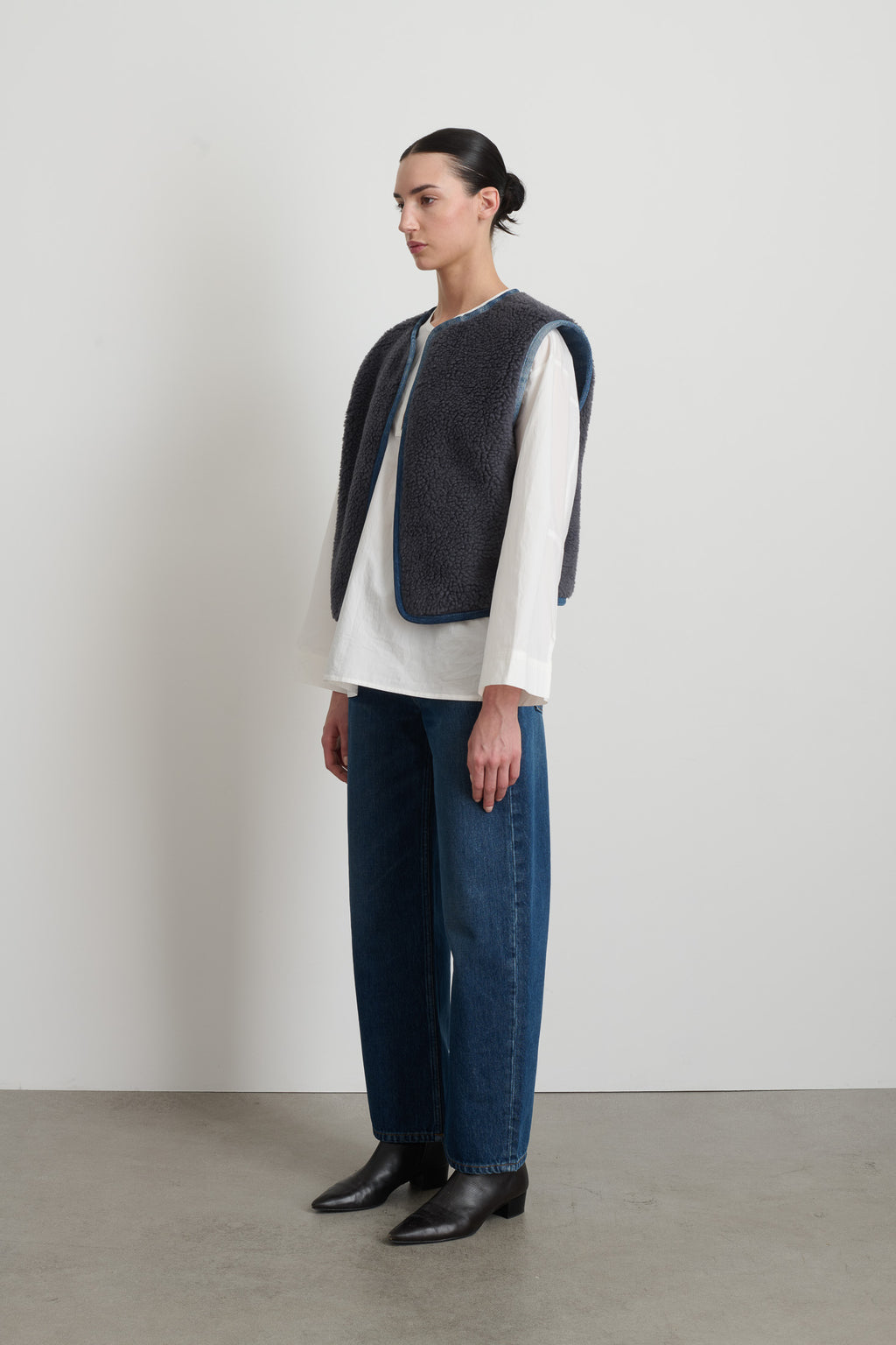 Reversible Reworked Vintage Denim and Sherpa Vest Grey Blue Sherpa