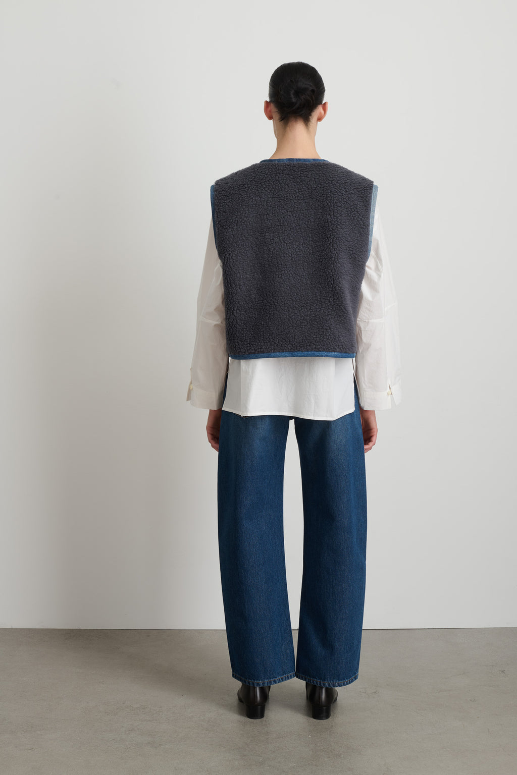 Reversible Reworked Vintage Denim and Sherpa Vest Grey Blue Sherpa