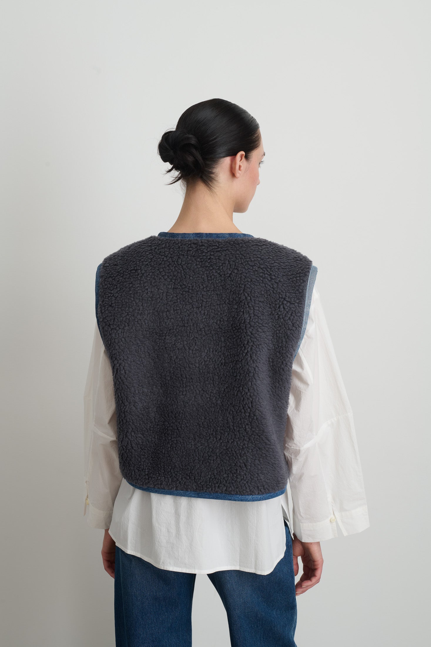 Reversible Reworked Vintage Denim and Sherpa Vest Grey Blue Sherpa