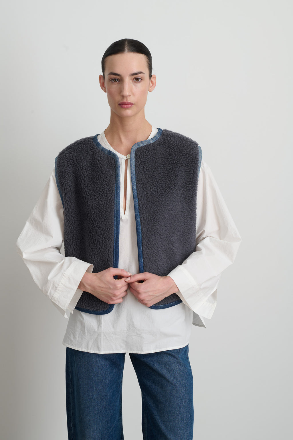 Reversible Reworked Vintage Denim and Sherpa Vest Grey Blue Sherpa