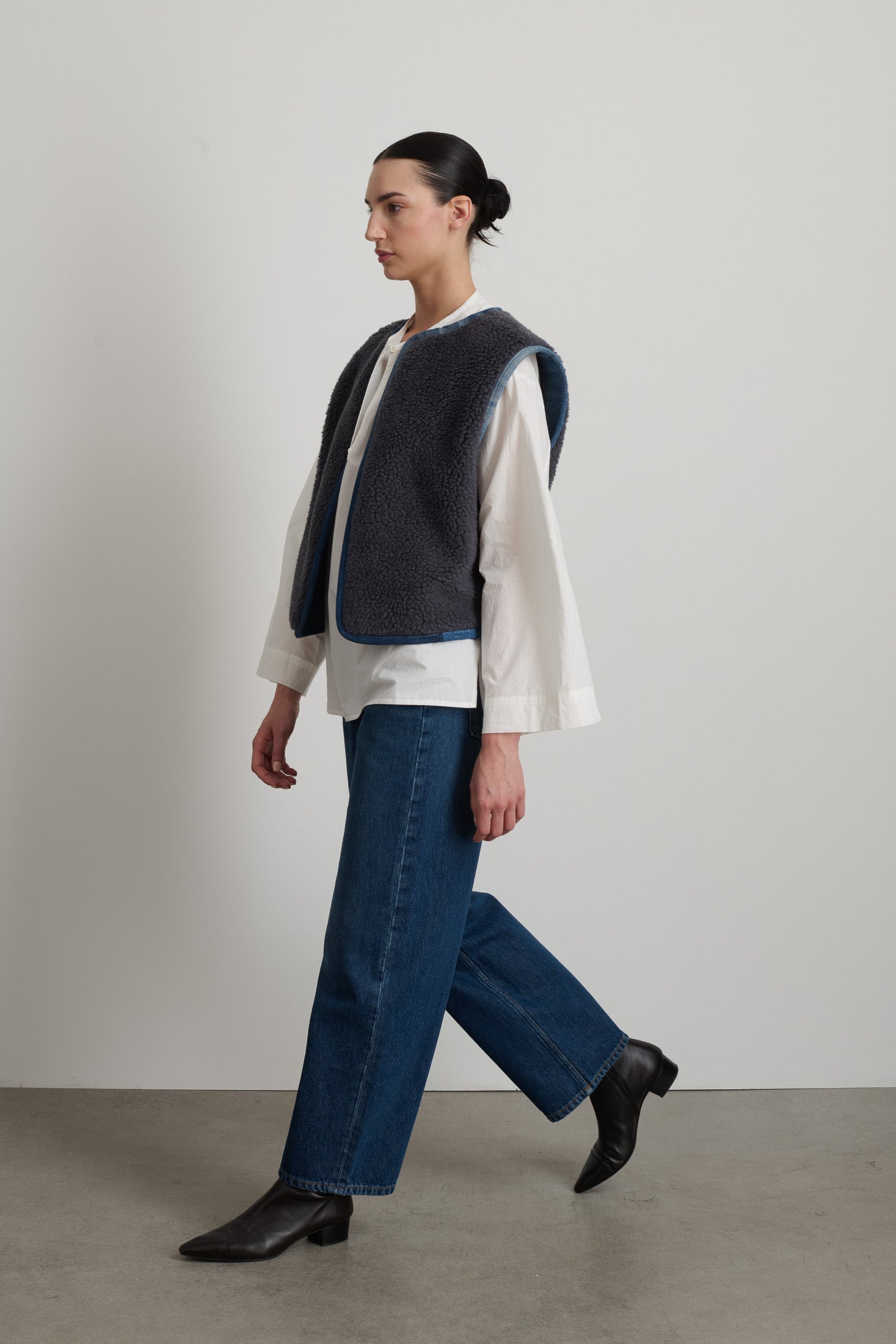 Reversible Reworked Vintage Denim and Sherpa Vest Grey Blue Sherpa