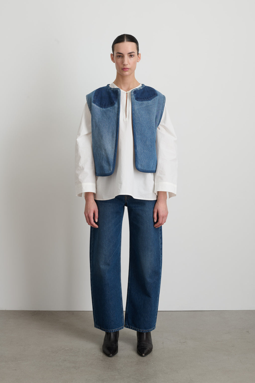 Reversible Reworked Vintage Denim and Sherpa Vest Grey Blue Sherpa