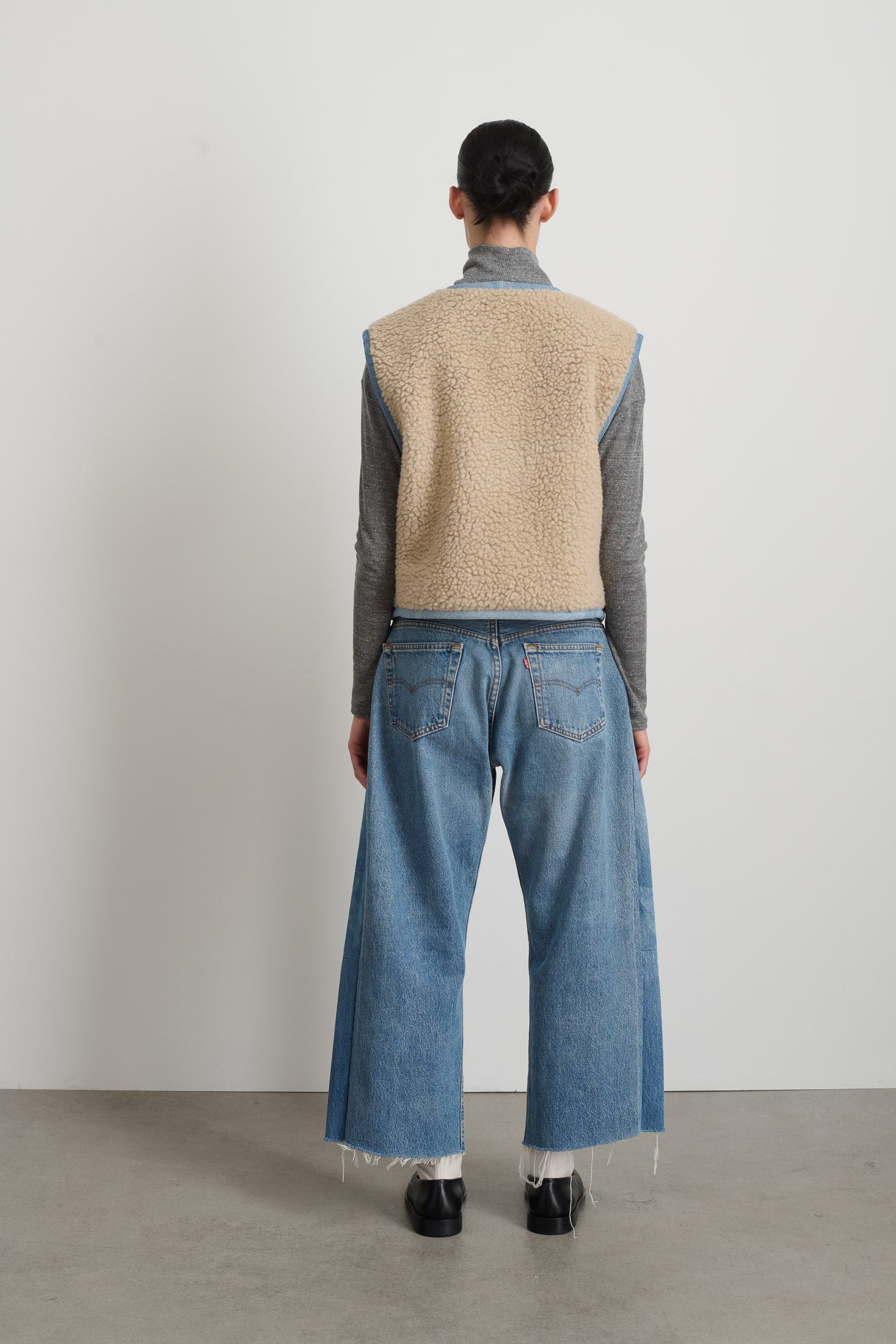 Reversible Reworked Vintage Denim and Sherpa Vest Oatmeal Sherpa