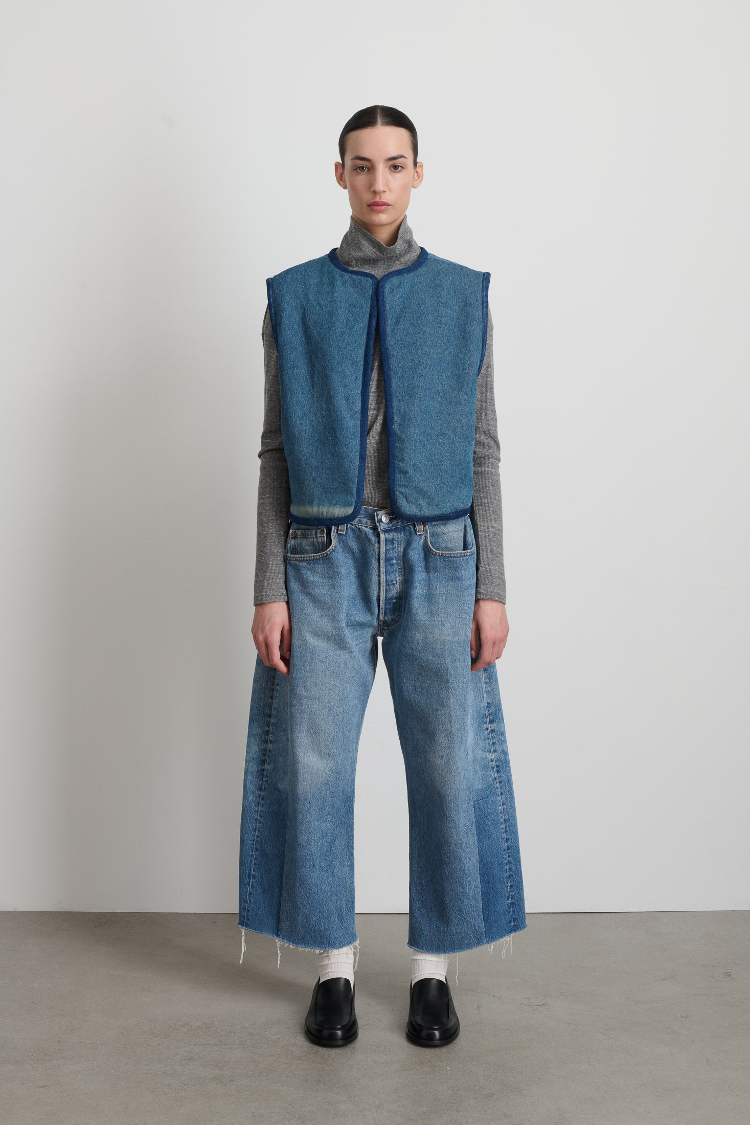 Reversible Reworked Vintage Denim and Sherpa Vest Oatmeal Sherpa