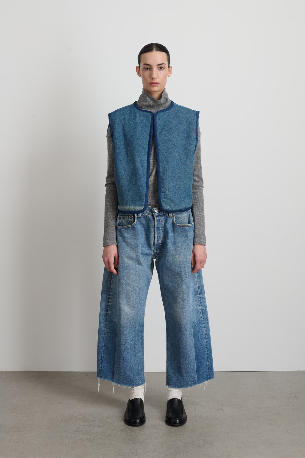 Reversible Reworked Vintage Denim and Sherpa Vest Oatmeal Sherpa