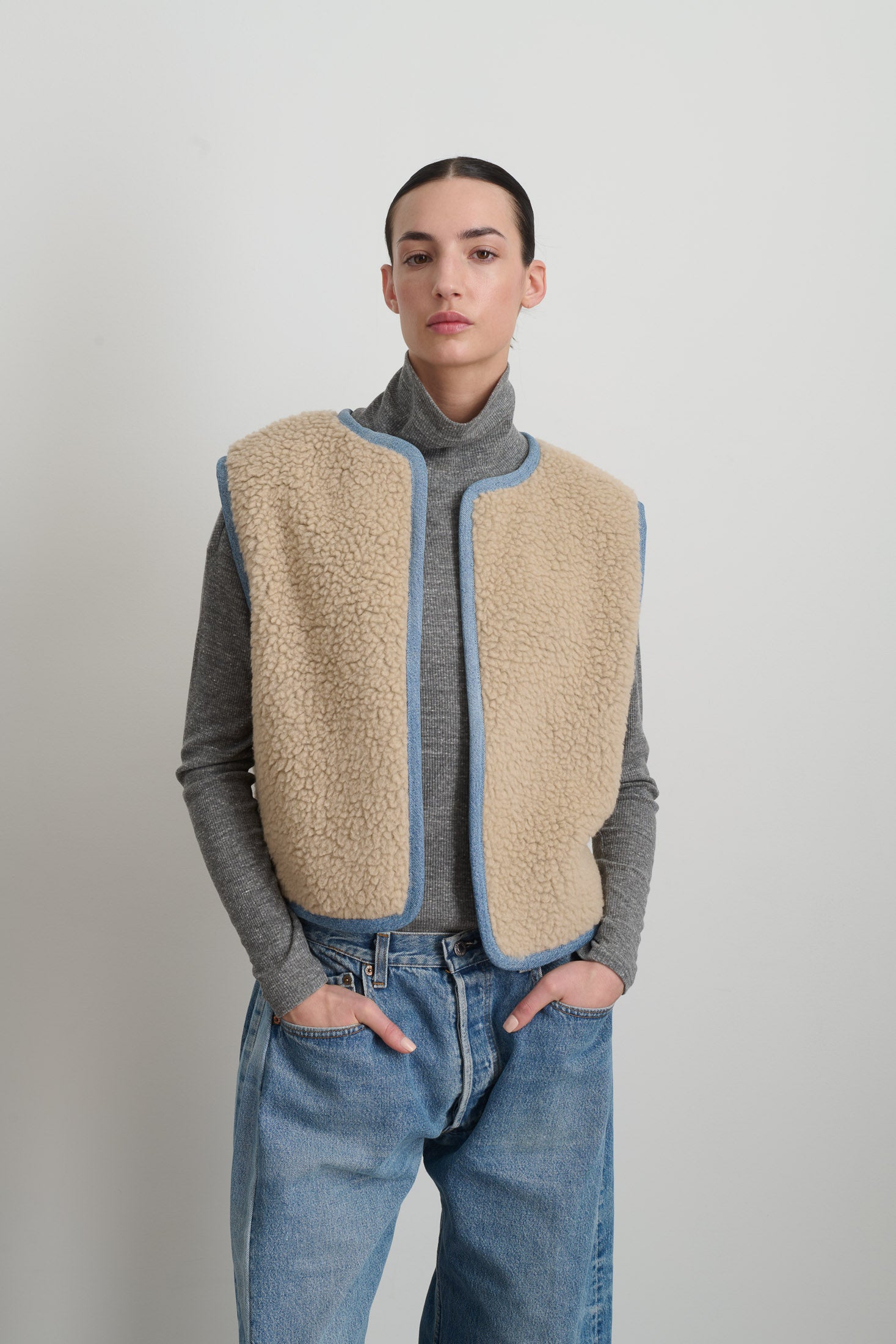 Reversible Reworked Vintage Denim and Sherpa Vest Oatmeal Sherpa