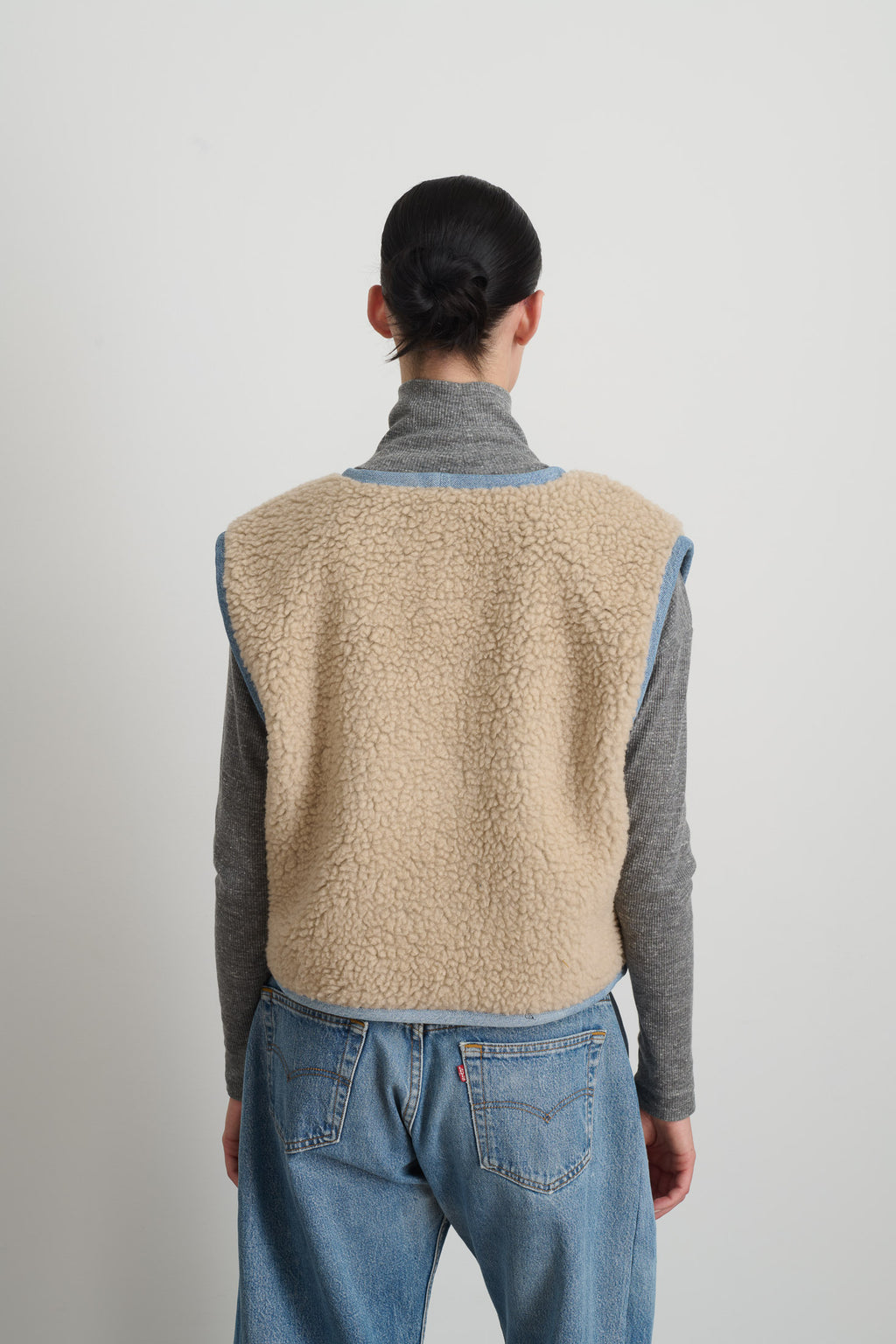 Reversible Reworked Vintage Denim and Sherpa Vest Oatmeal Sherpa