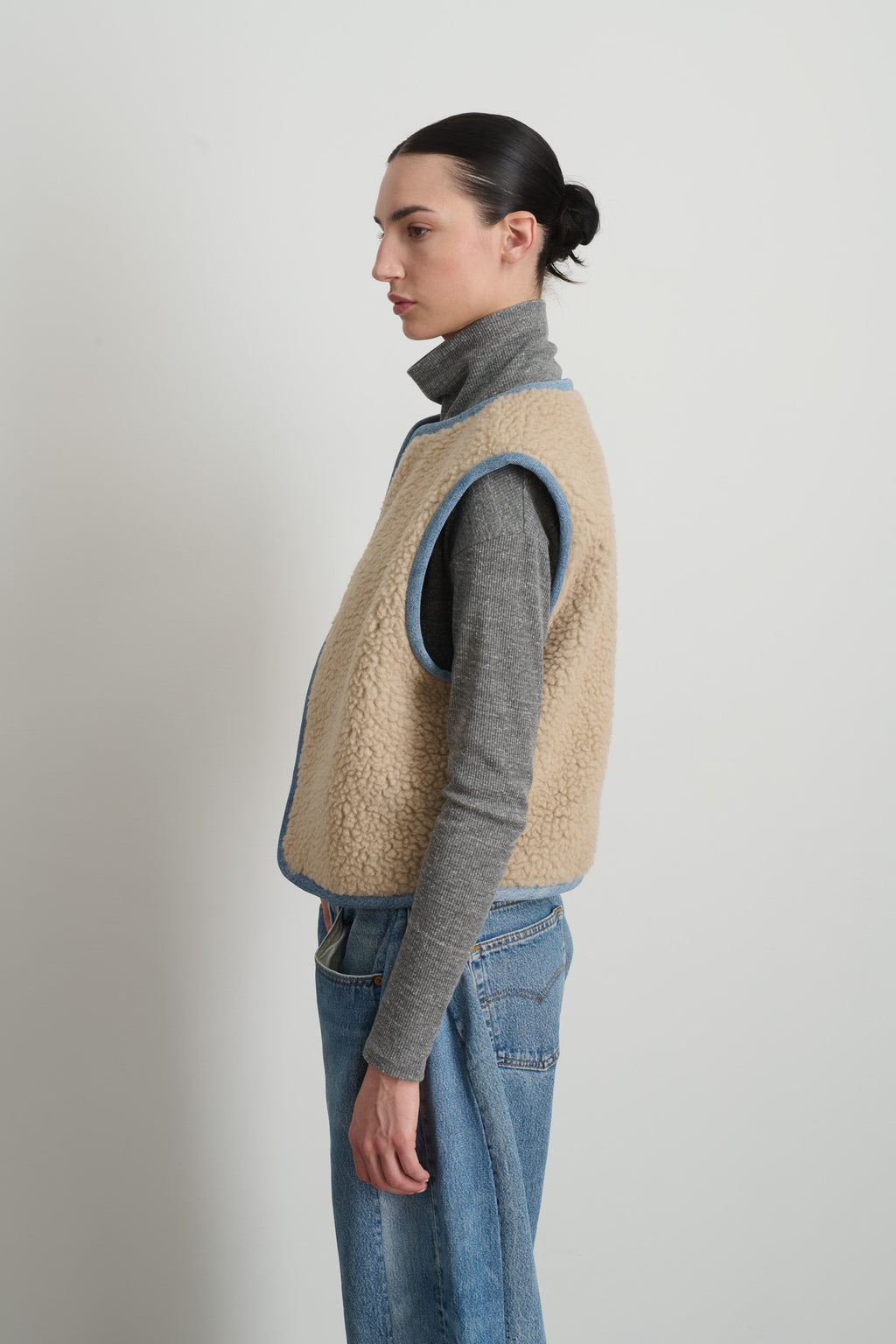 Reversible Reworked Vintage Denim and Sherpa Vest Oatmeal Sherpa