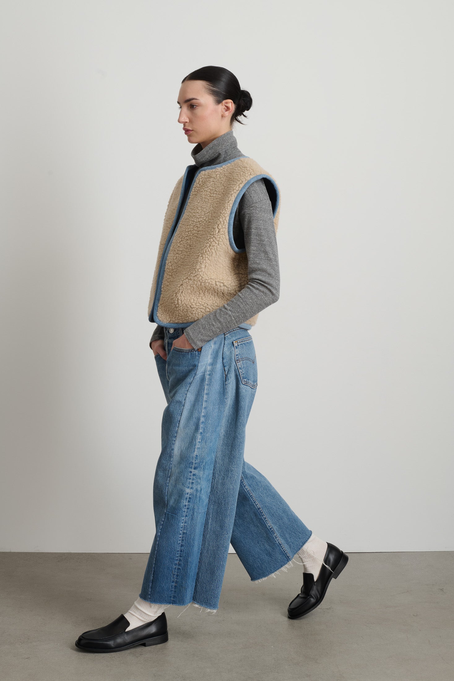 Reversible Reworked Vintage Denim and Sherpa Vest Oatmeal Sherpa